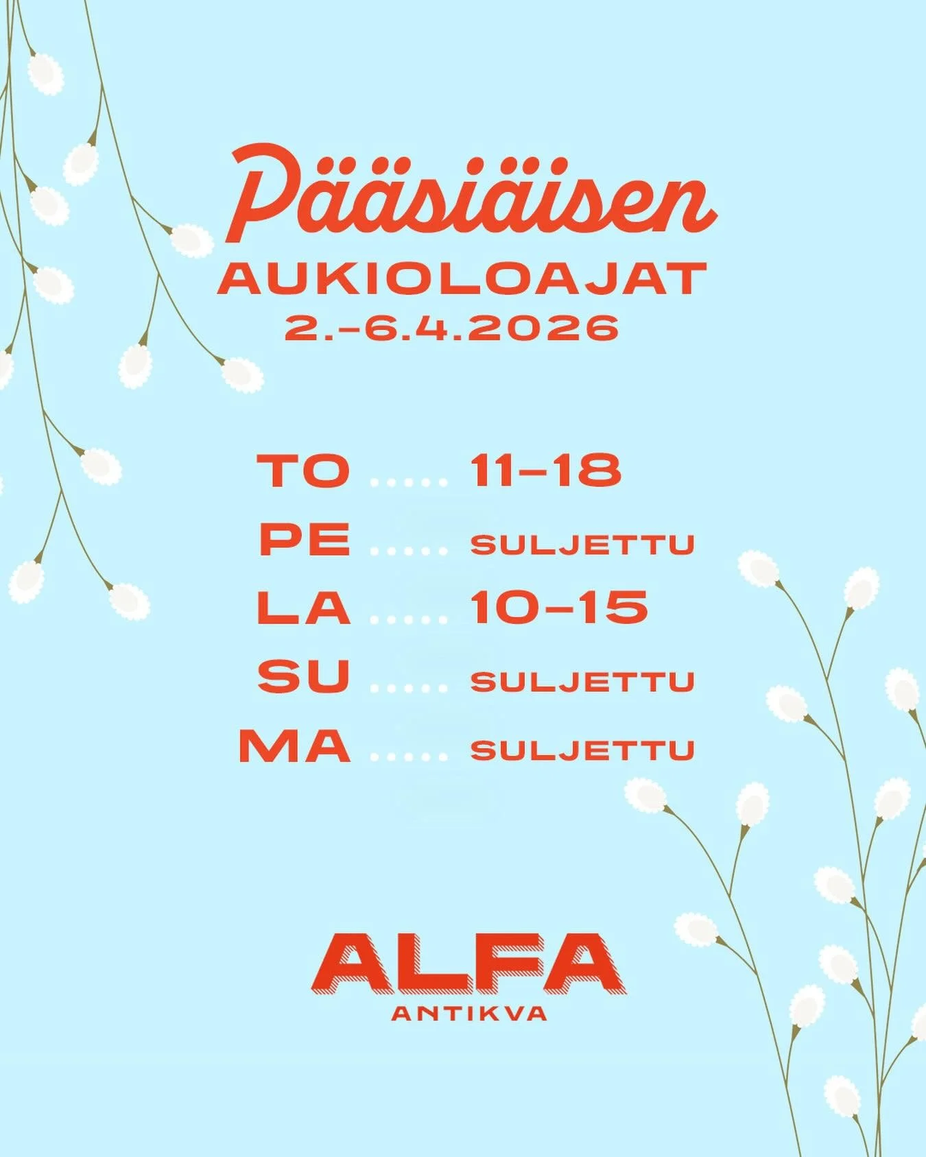 Se olis taas t&auml;mm&ouml;nen juttu. Ollaan p&auml;&auml;si&auml;isen vuoksi kiinni yks plus kaks p&auml;iv&auml;&auml;. Siin&auml; v&auml;liss&auml;, lauantaina ollaan viisi tuntia auki.

Olen tyk&auml;nnyt pit&auml;&auml; kiinni siit&auml;, ett&a