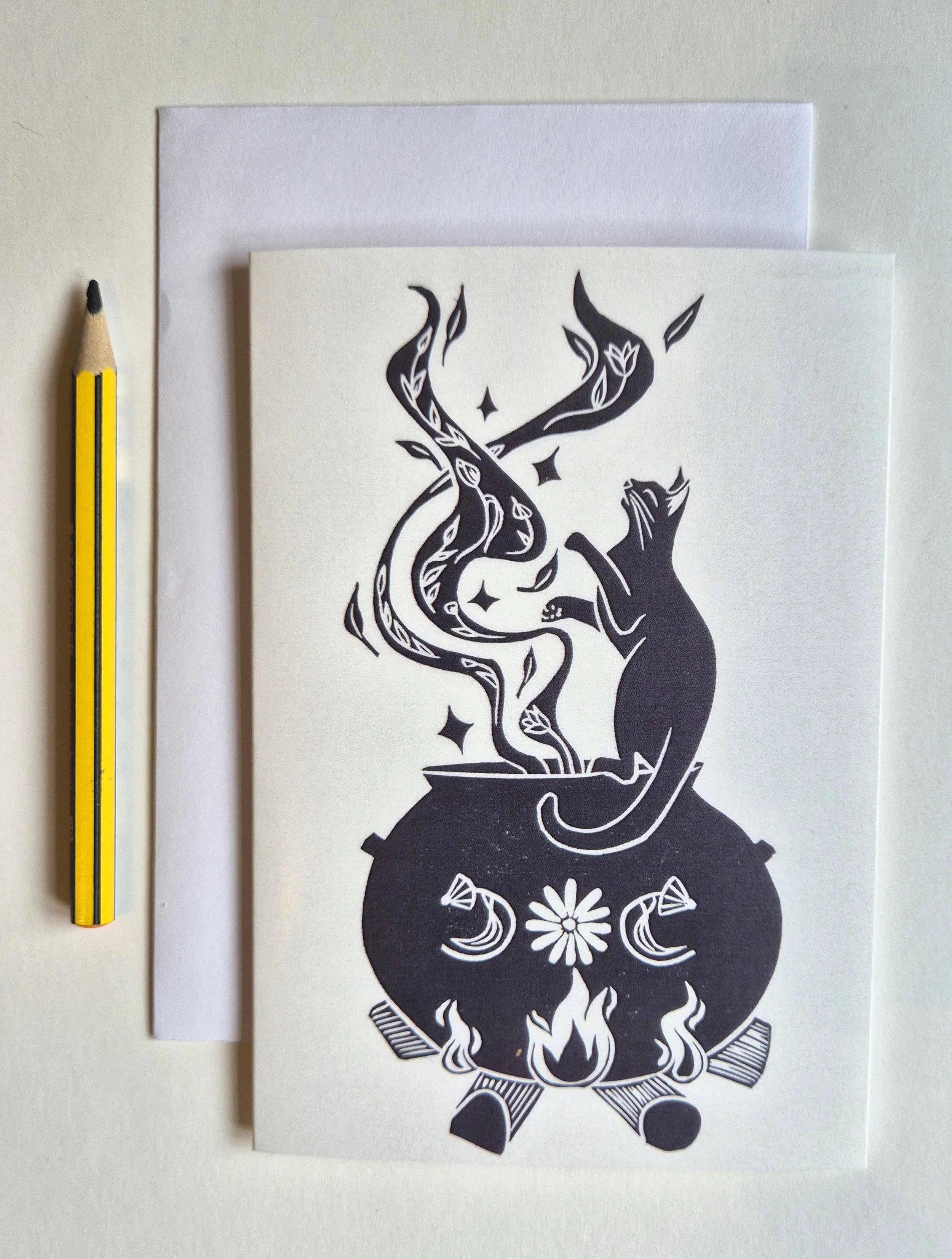 Cat and Cauldron Greeting Card