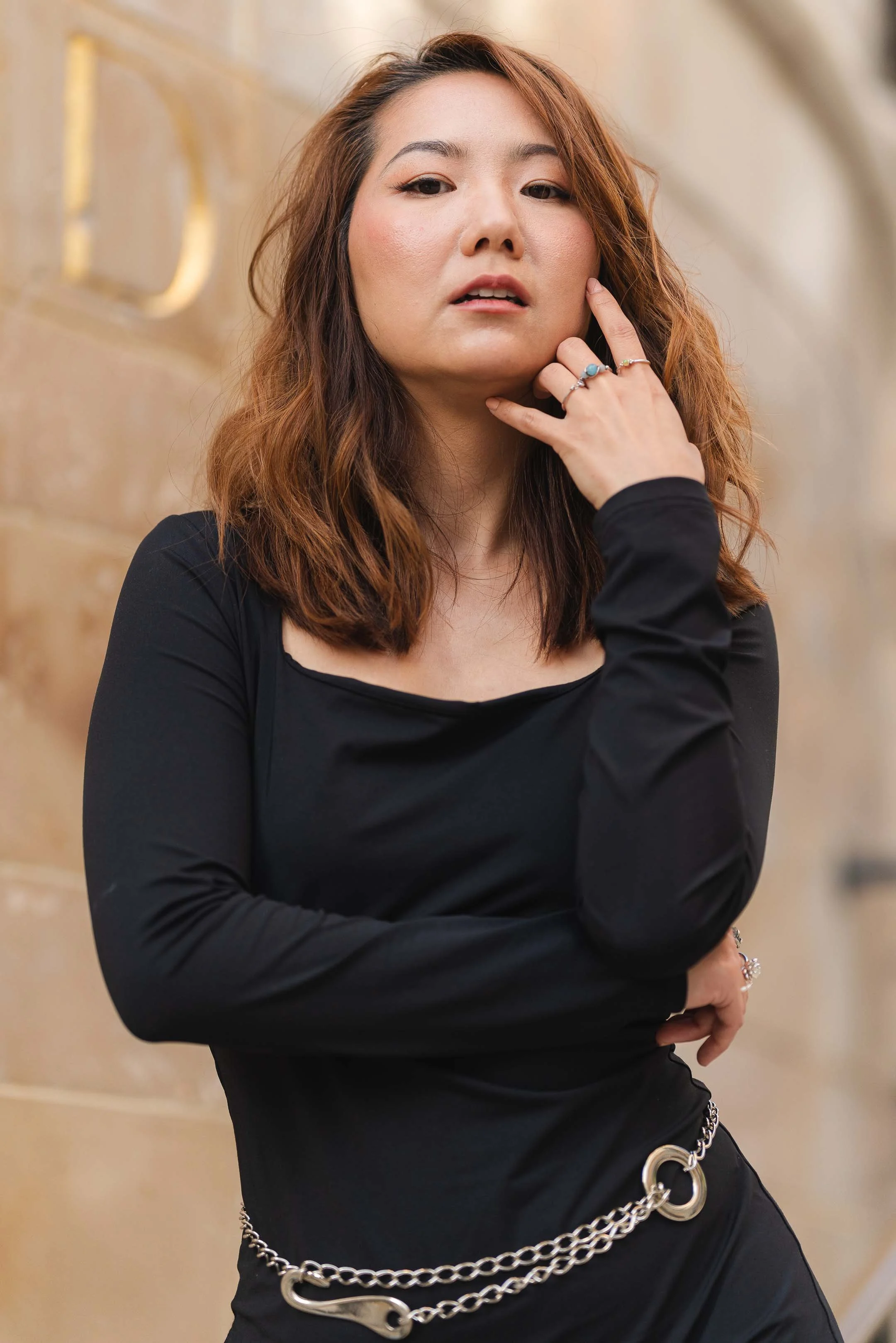 Model wearing black dress in Rodeo Drive Beverly Hills