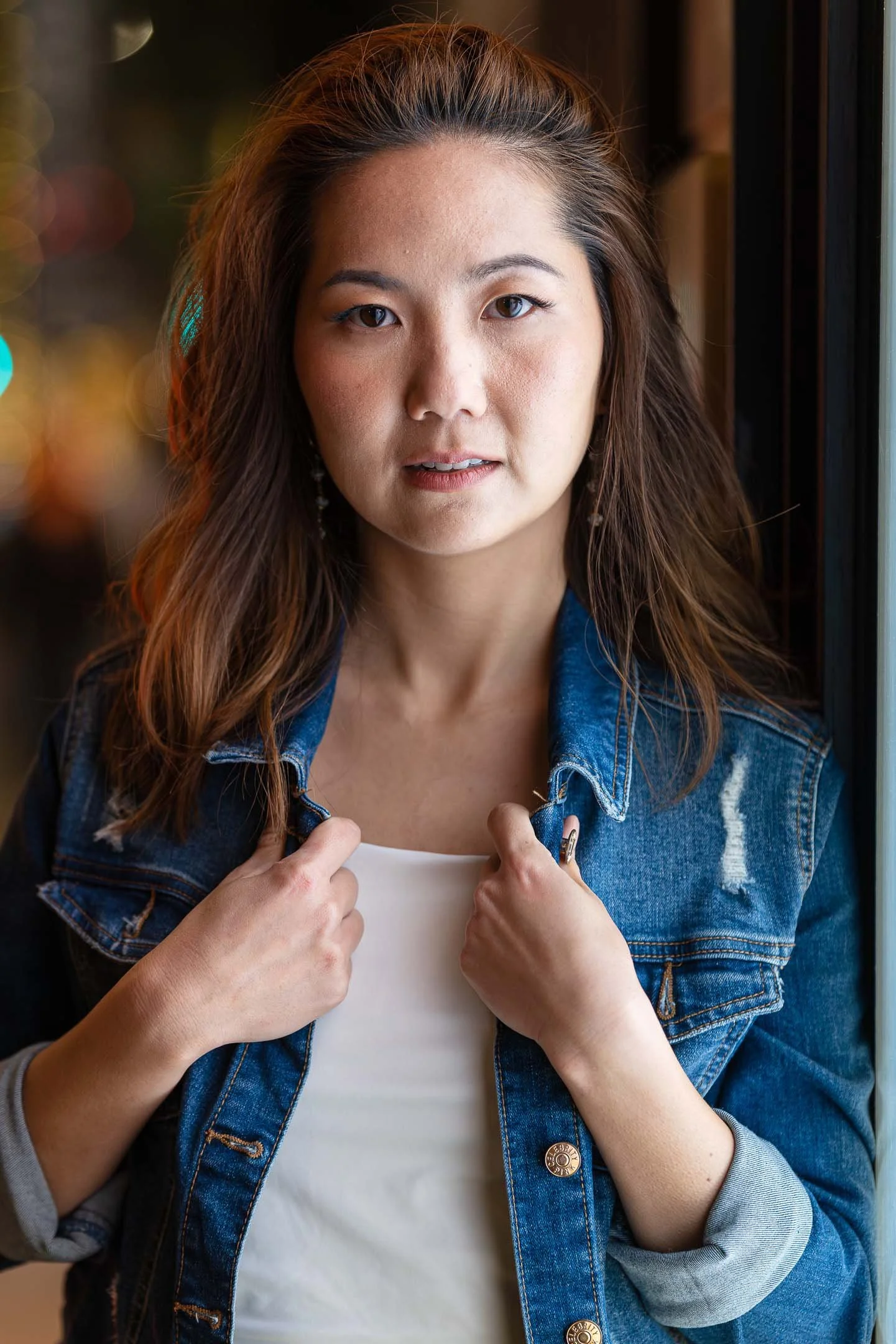 Los Angeles fashion model wearing denim at Beverly Hills at night