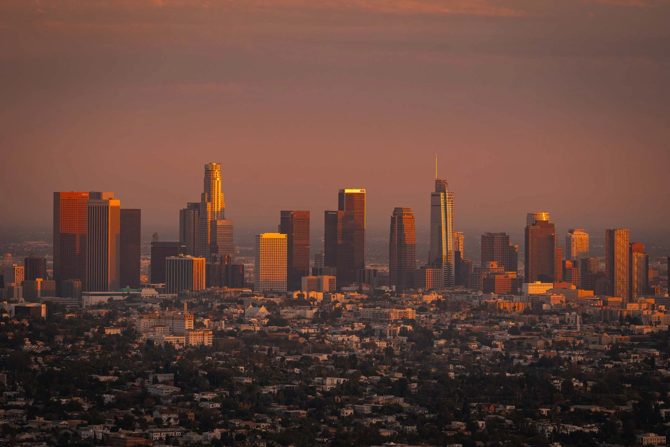 Downtown Los Angeles skyline at sunset