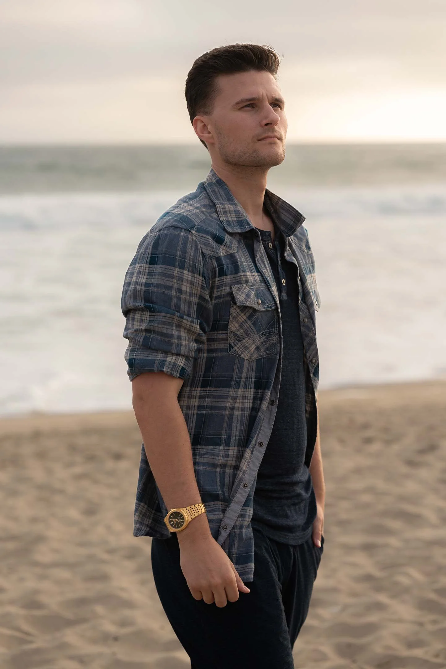 Los Angeles male model walking in Venice Beach at sunset