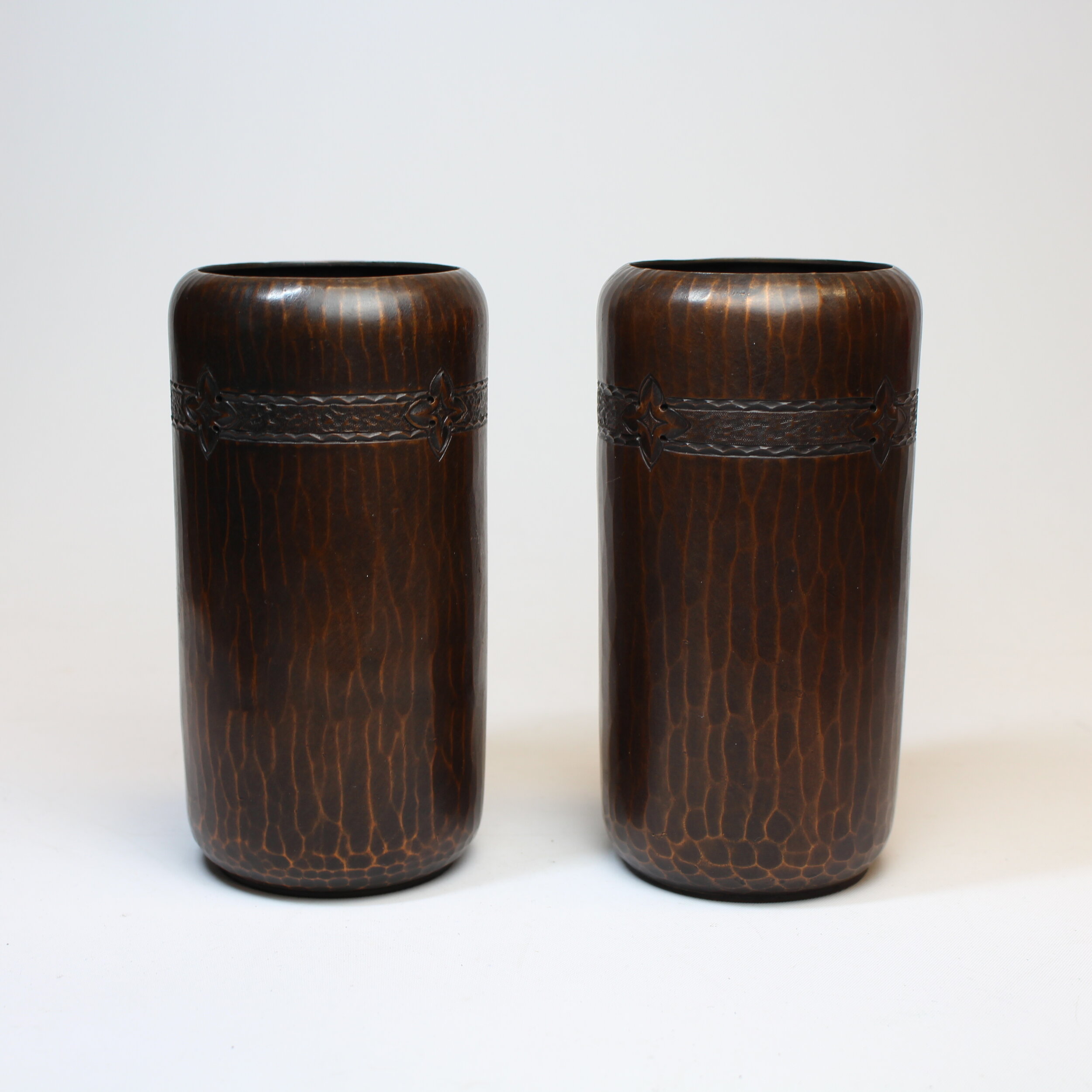 SOLD, Roycroft Tooled Cylinder Vases