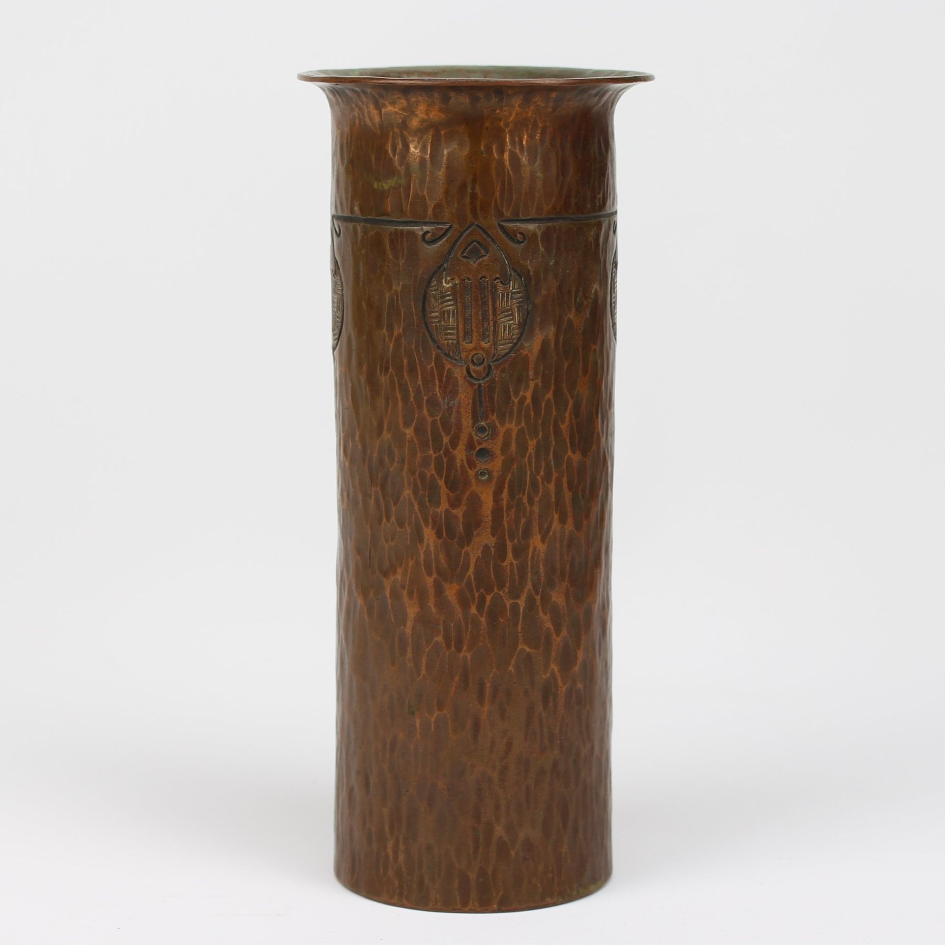 SOLD, Craftsman Studios Tooled Cylinder Vase 