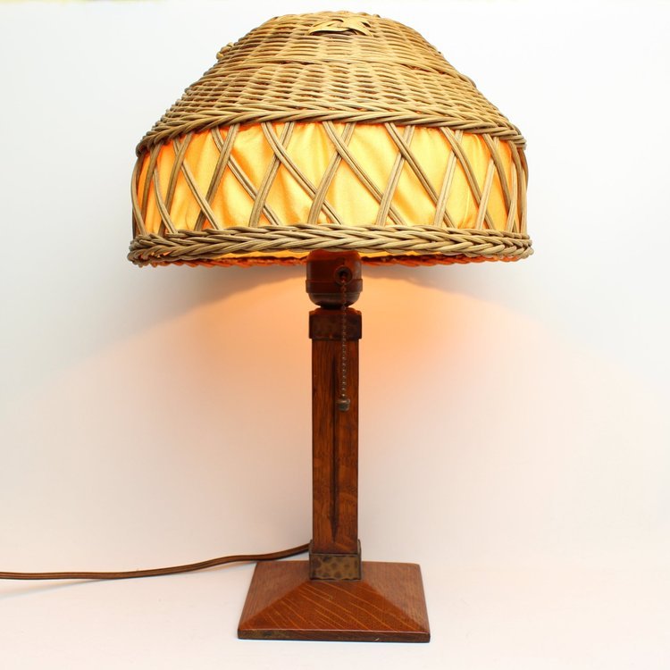SOLD, Gustav Stickley Oak &amp; Hammered Copper Lamp