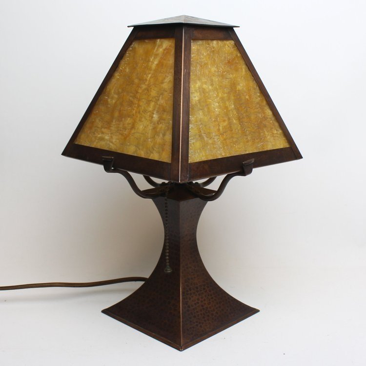 SOLD, Stickley Brothers Hammered Copper Lamp