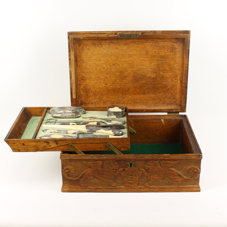 1902 Carved Oak Box w/Gorham Vanity Set 