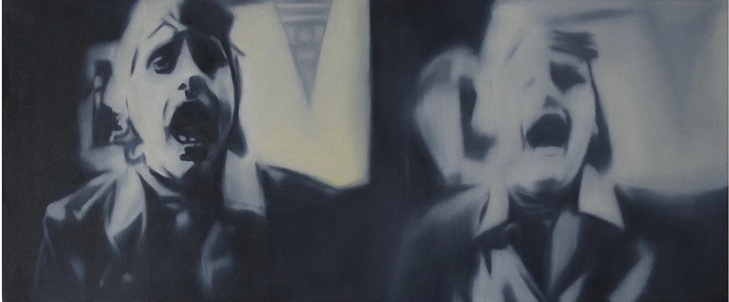 Black and white mural painting of two individuals with distressed expressions, one on each side, in a cinematic style.