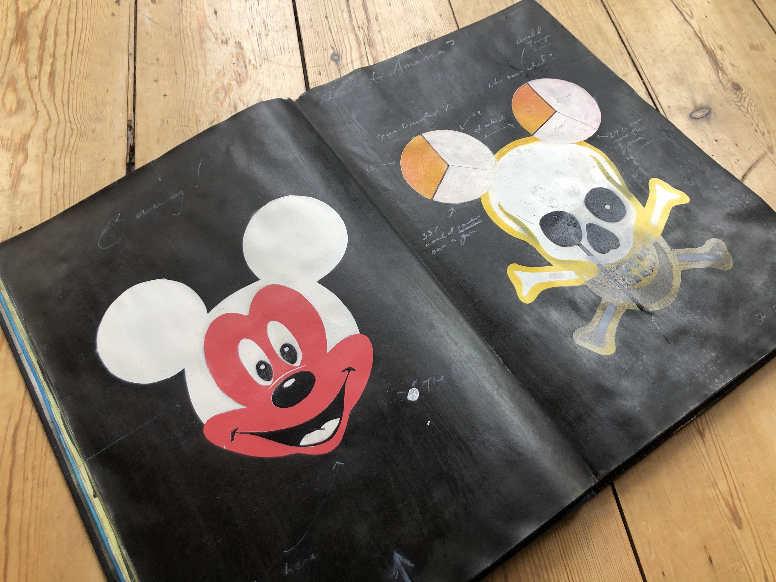 Open sketchbook on a wooden surface displaying drawings of a Mickey Mouse face on the left page and a skull with crossbones and pills on the right page, with handwritten notes and measurements.