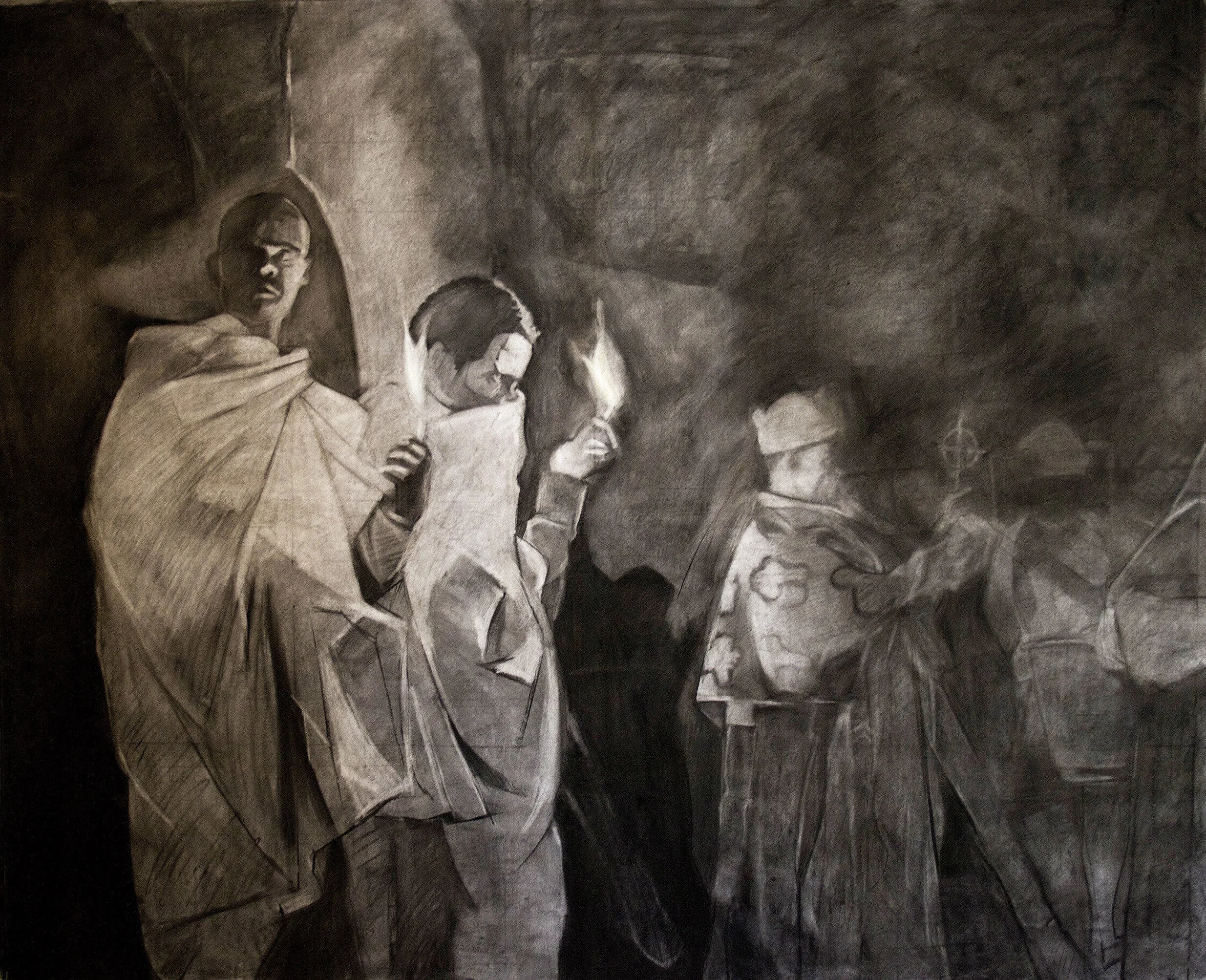A large charcoal drawing of several religious people, some holding lit candles, with one person holding a cross. The background is dark and shaded.