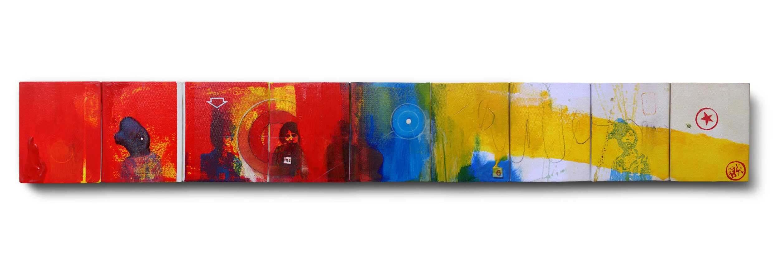 A horizontal row of abstract, colorful paintings with various figures and symbols on each section.