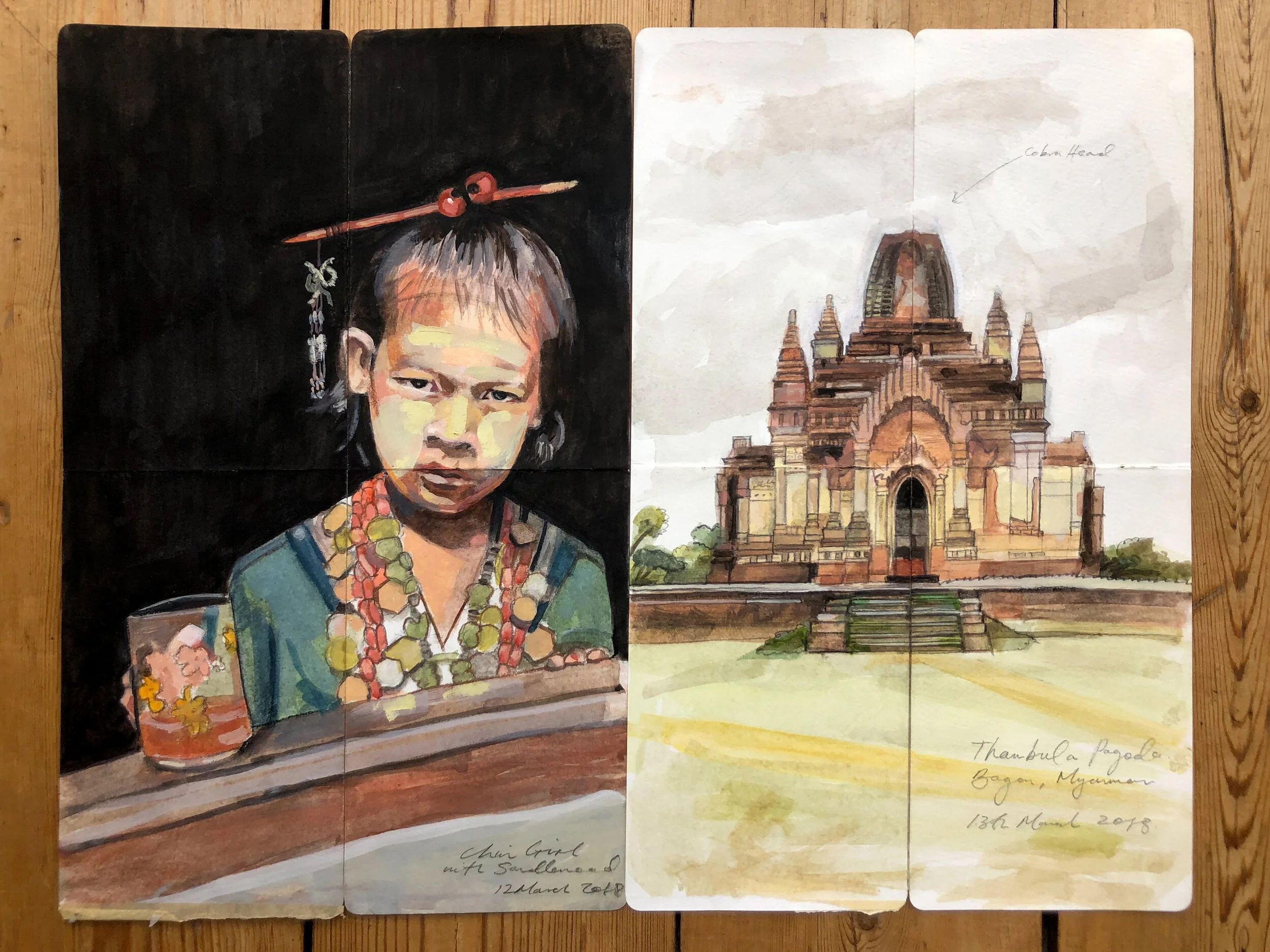 A watercolor painting of a young girl with traditional attire and jewelry, and a glass with drink in front of her, on the left. On the right, there is an illustration of a historic pagoda-style temple in Yangon, Myanmar. Handwritten notes and titles are visible on both sides.