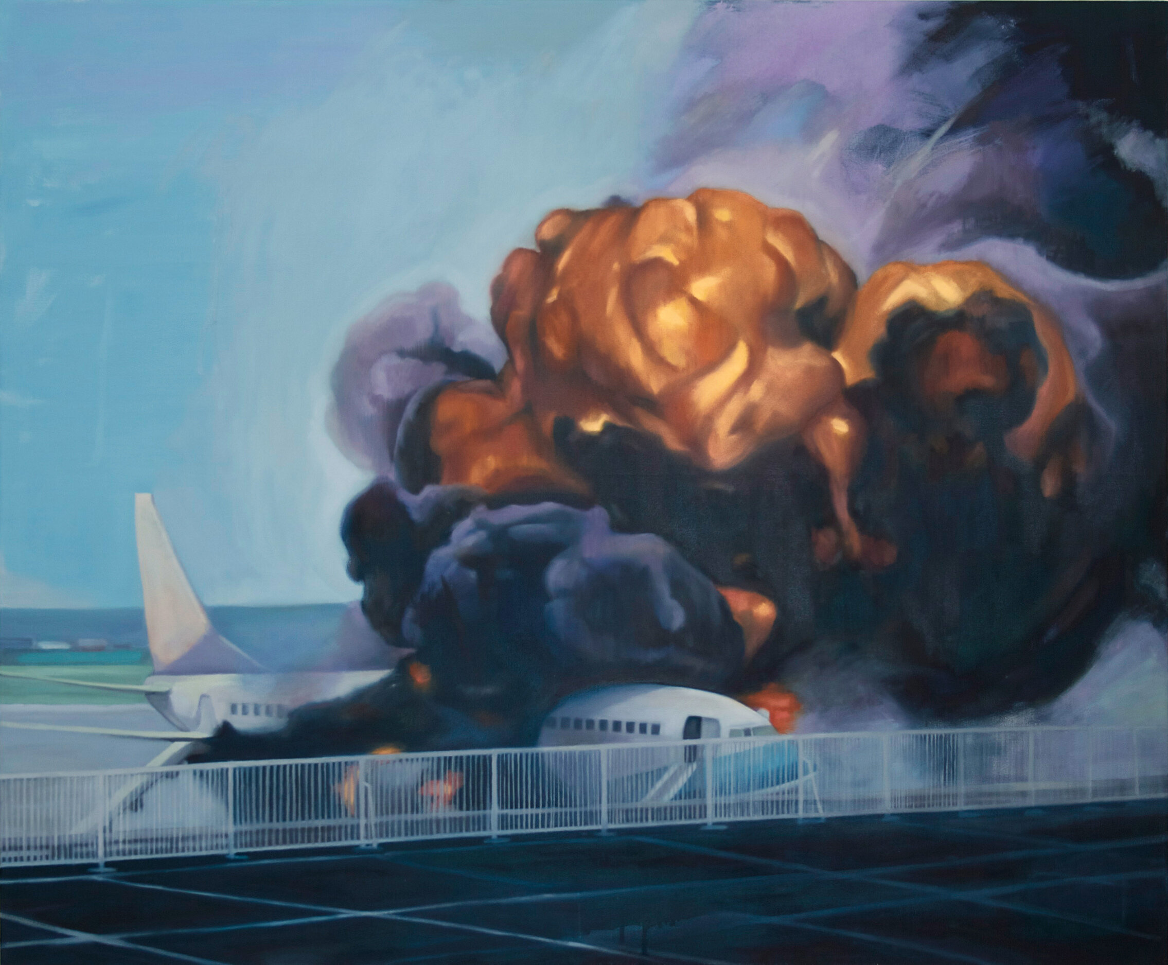 Painting of an airplane crash with large clouds of smoke and fire, situated on a runway with an aircraft visible nearby.