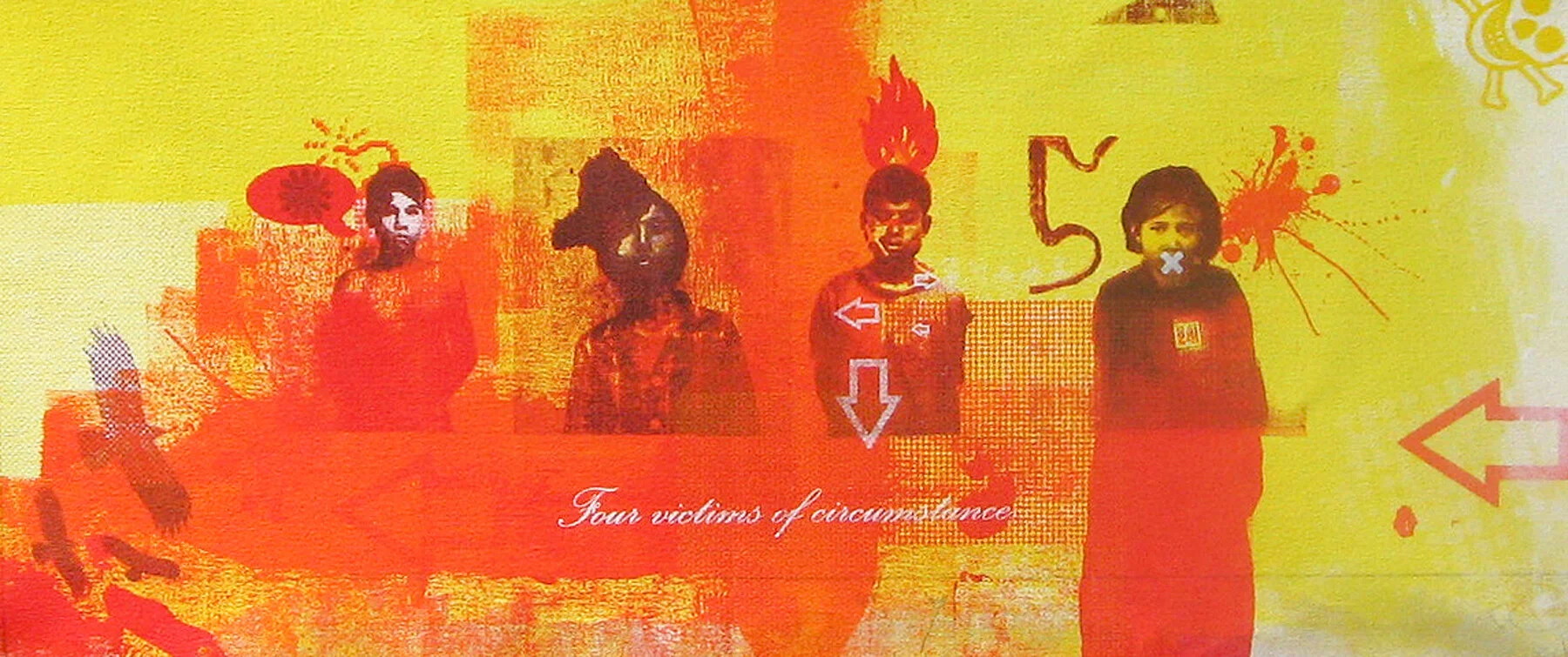 An art piece featuring four women with altered faces, standing in front of a colorful, abstract background with splashes of yellow, red, and orange. The text 'Four victims of circumstance' is written at the bottom.