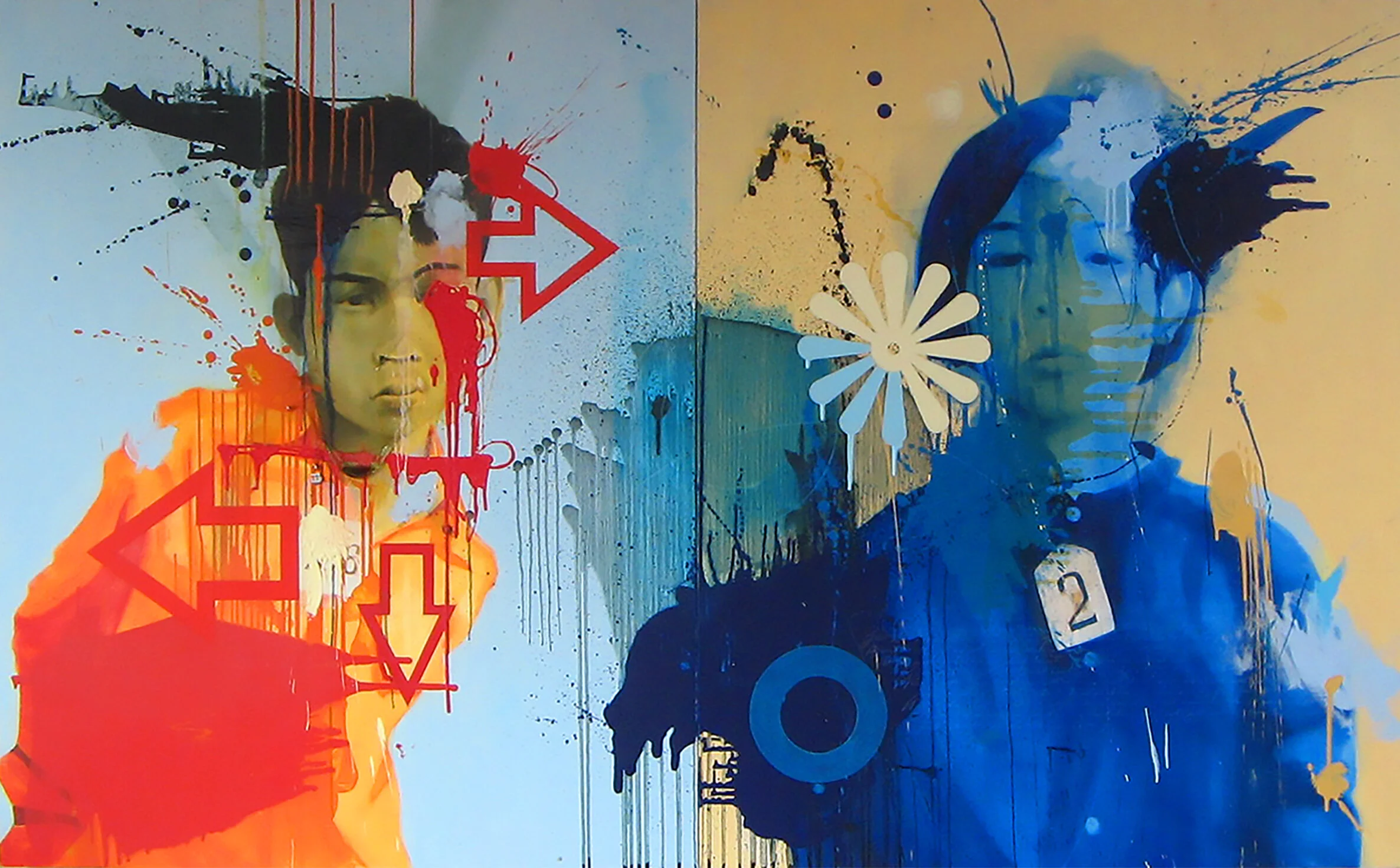 A colorful mixed media artwork featuring two young women, one in orange and the other in blue, with abstract paint splatters, symbols, and arrows overlaid.