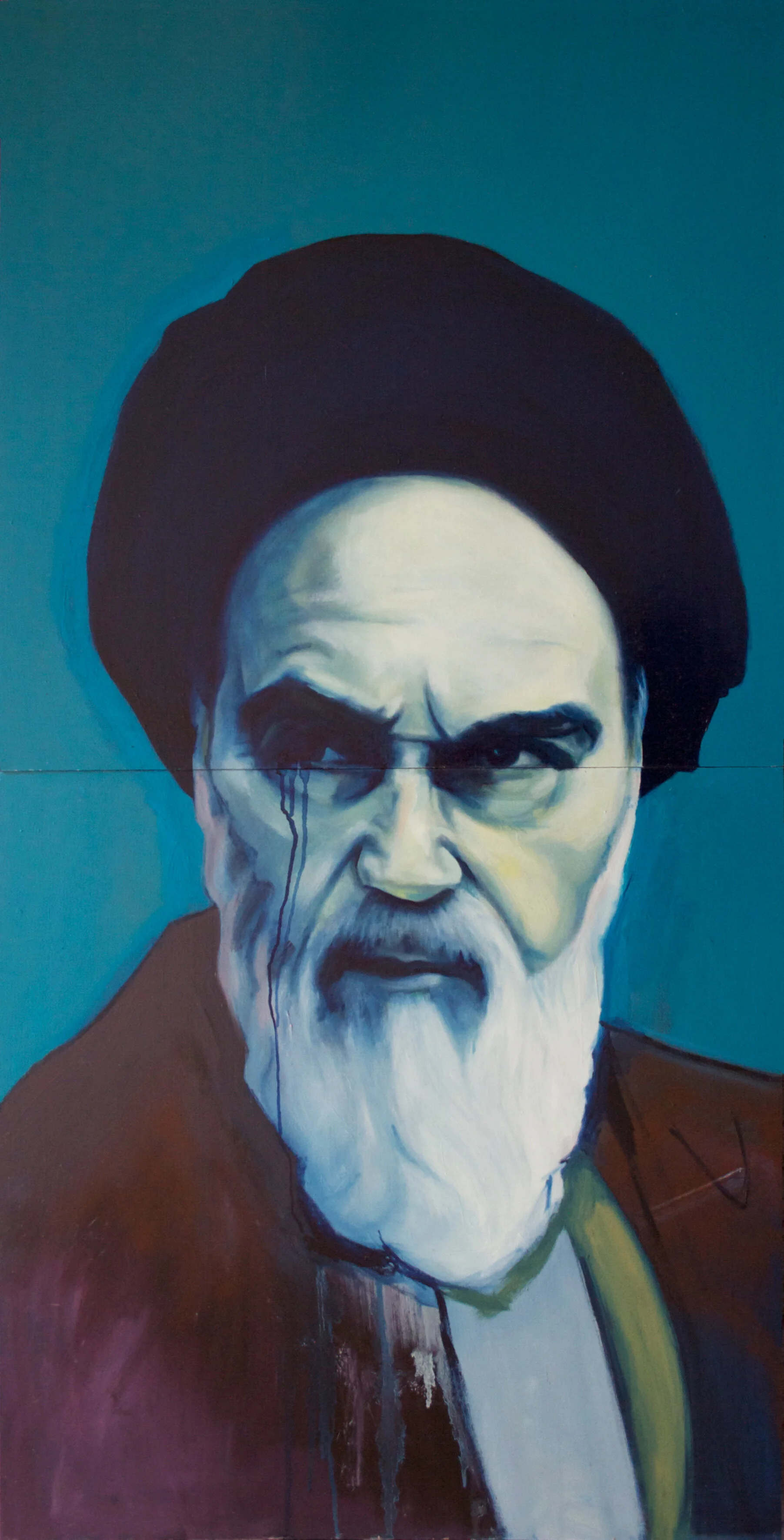 Street art portrait of a man with a beard, dark eyebrows, wearing a black turban, with a dark background.