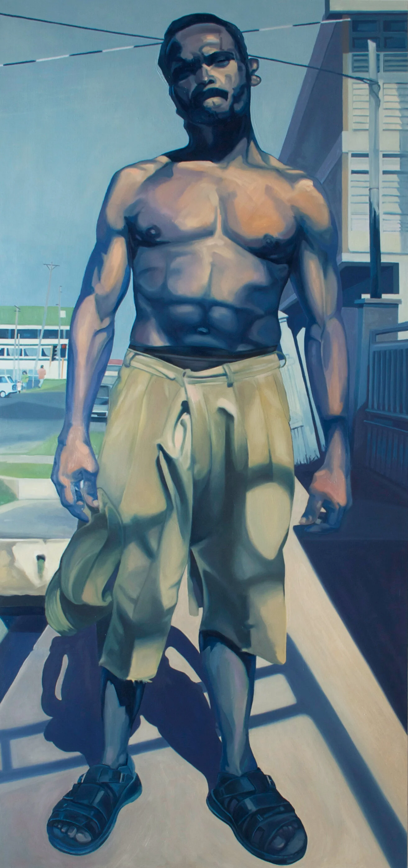A realistic painting of a shirtless man with dark hair and beard, wearing tan cargo shorts and black slides, standing outdoors under a clear blue sky with buildings and power lines in the background.