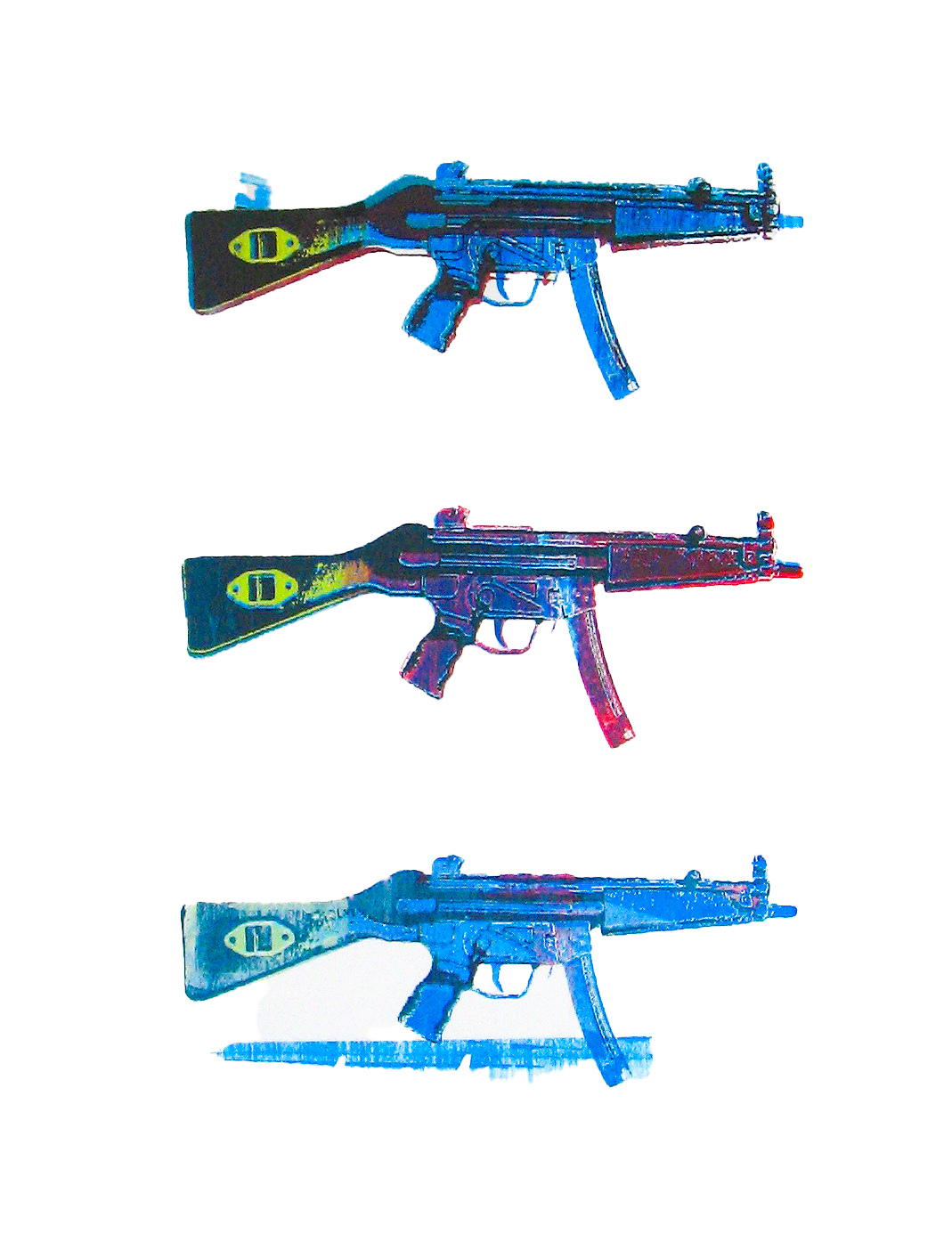Three stylized illustrations of rifles with black stocks and triggers, arranged vertically, with the top and middle ones in color and the bottom in monochrome.