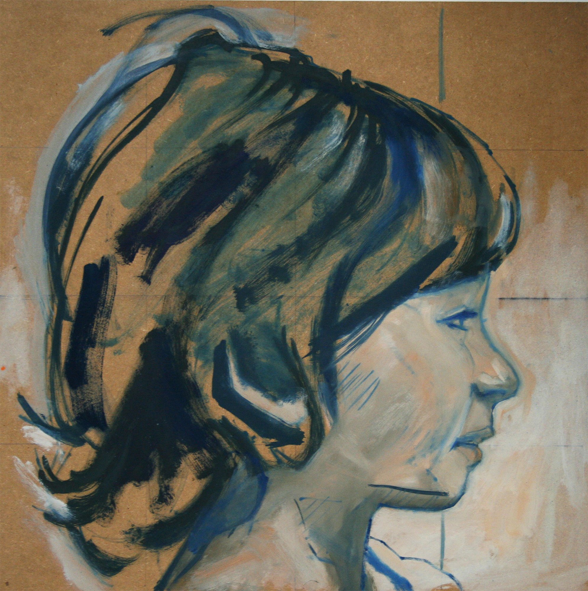 Side profile of a woman with short hair, painted in an abstract style with shades of black, blue, and beige.