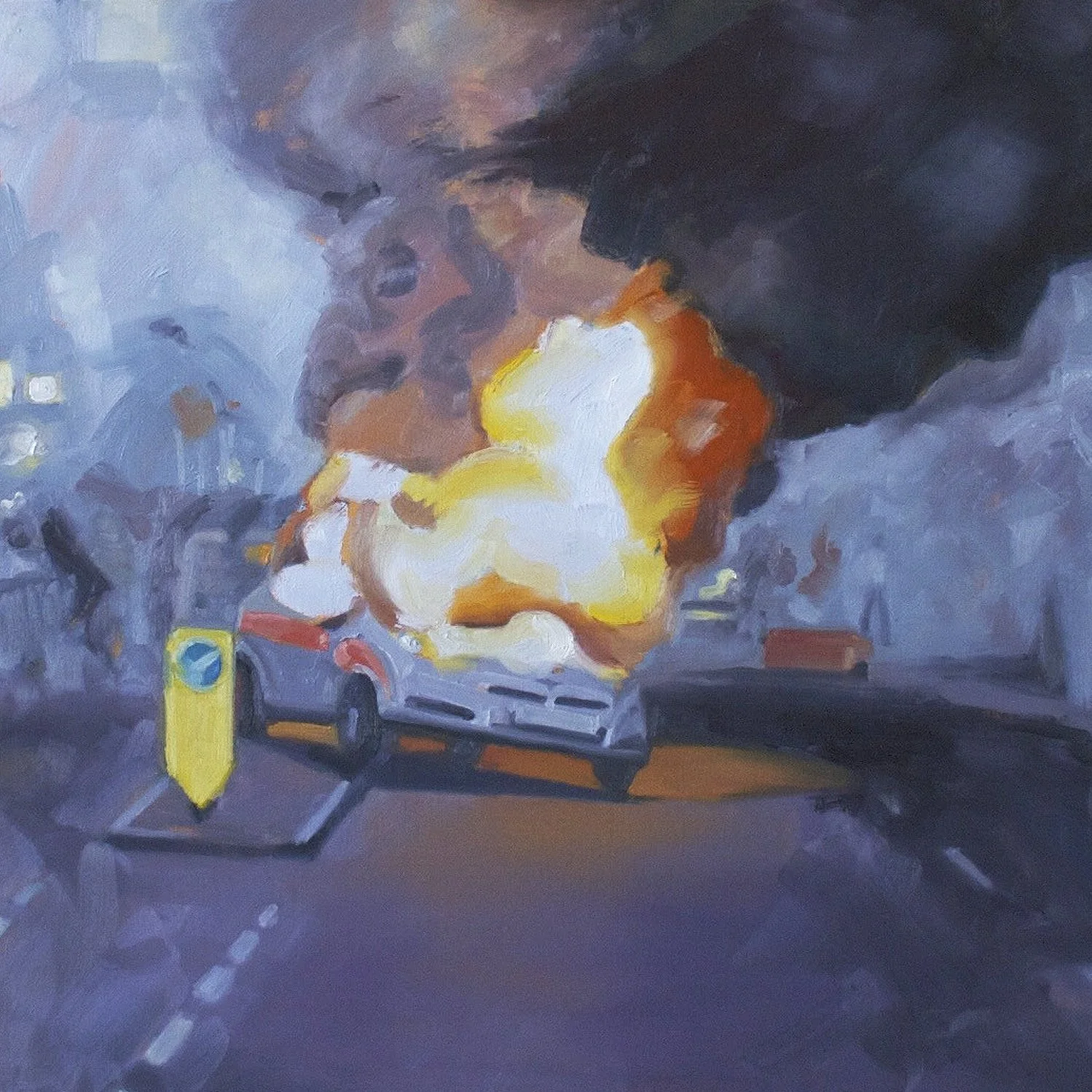 A painting of a car on fire on a highway, with dark smoke billowing into the sky.