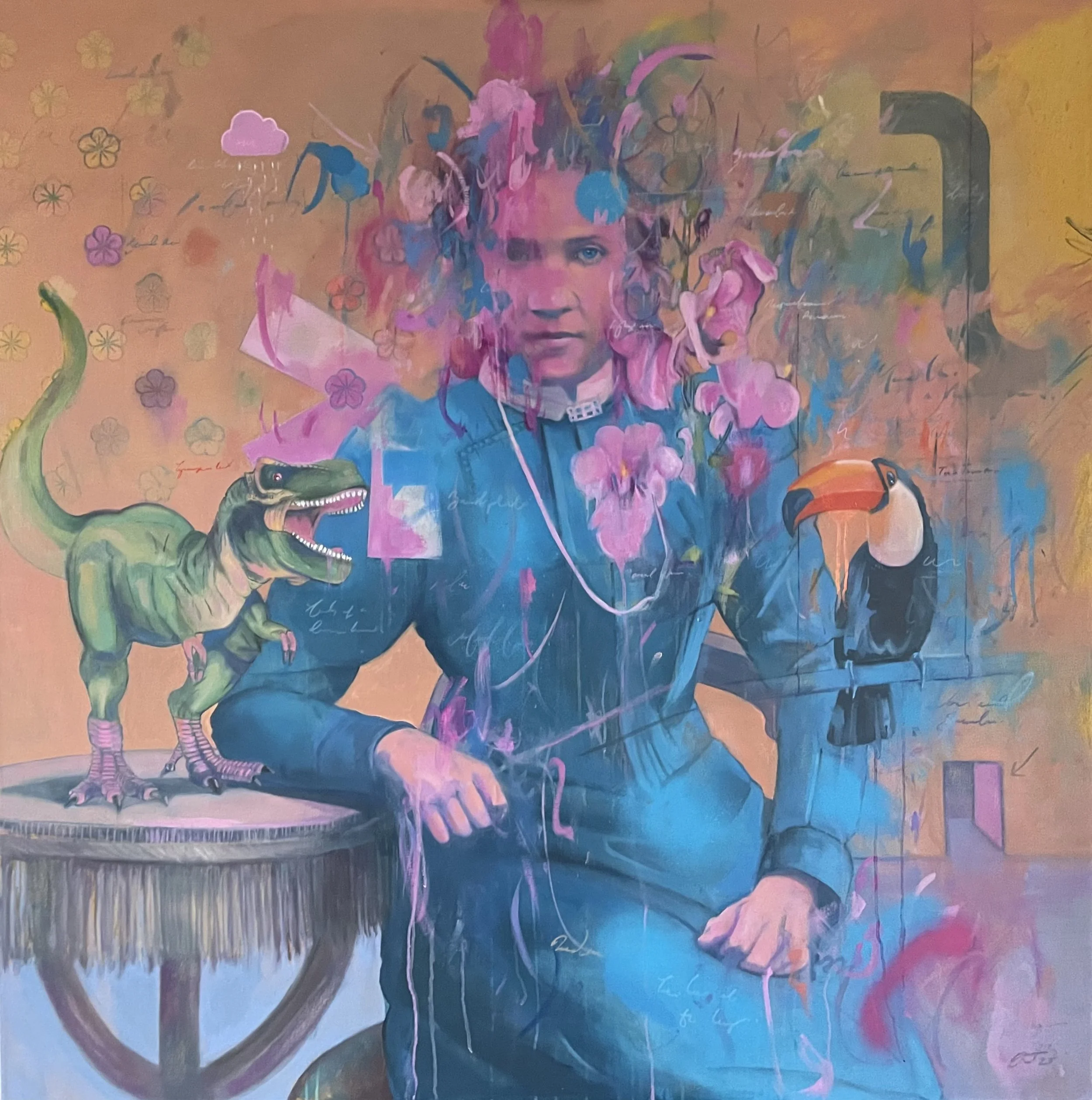 A colorful painting of a young man in a dark jacket with flowers and abstract designs blending around his face. A small dinosaur is perched on a table next to him, and a toucan is on his arm. The background is vibrant with various colors and patterns.