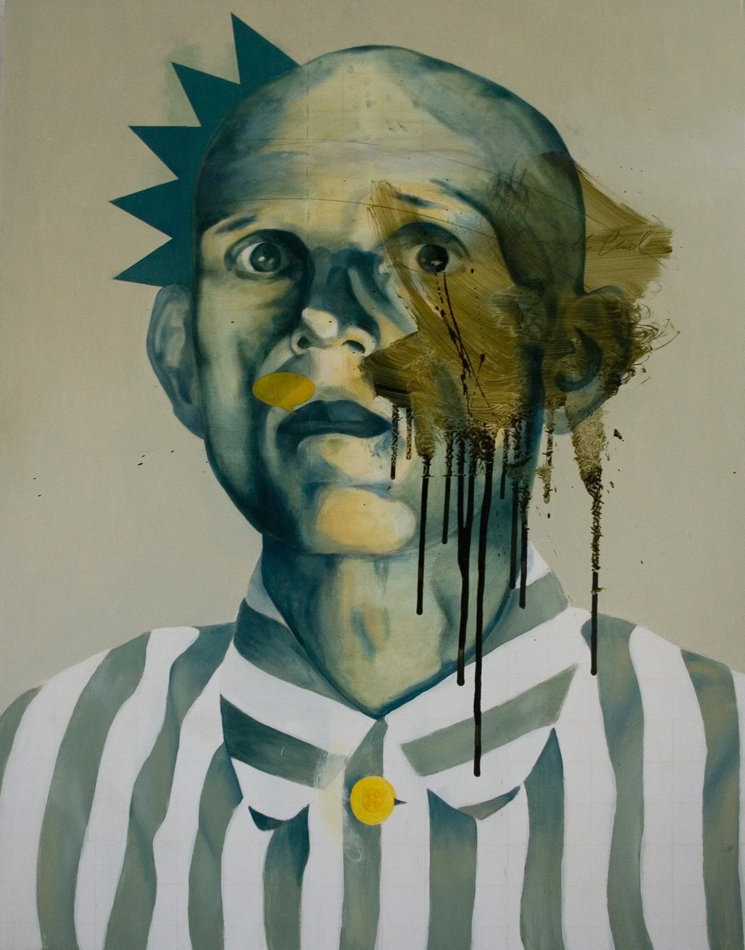 A mixed media portrait of a boy with large, expressive eyes, wearing a striped shirt with a yellow button. The face has painterly and abstract elements, including gold paint and black drips overlaying part of the face. A blue spiked crown-like shape is on his head.