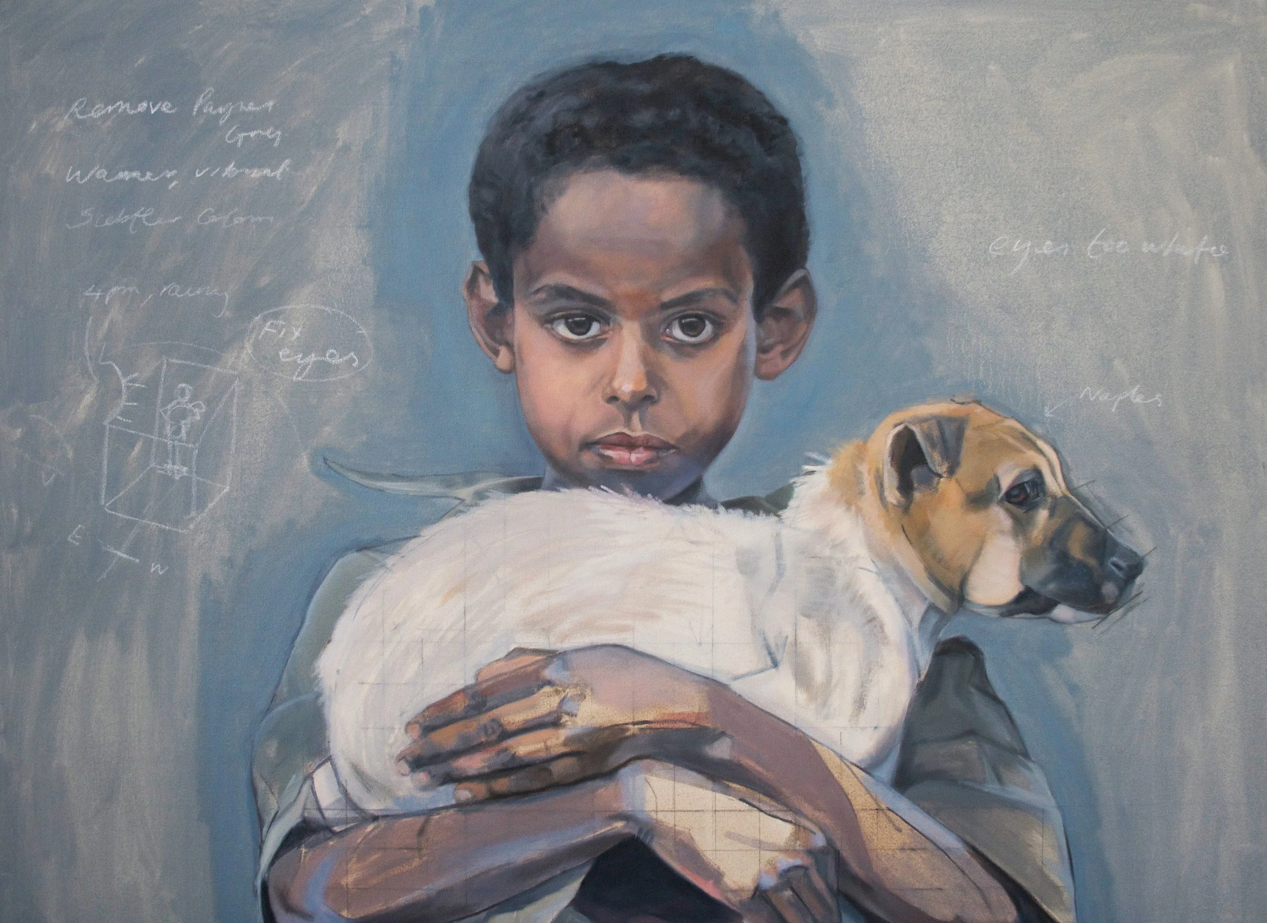 Portrait of a young boy with dark skin and short curly hair holding a puppy with tan and white fur against a gray-blue background with faint sketches and writings.