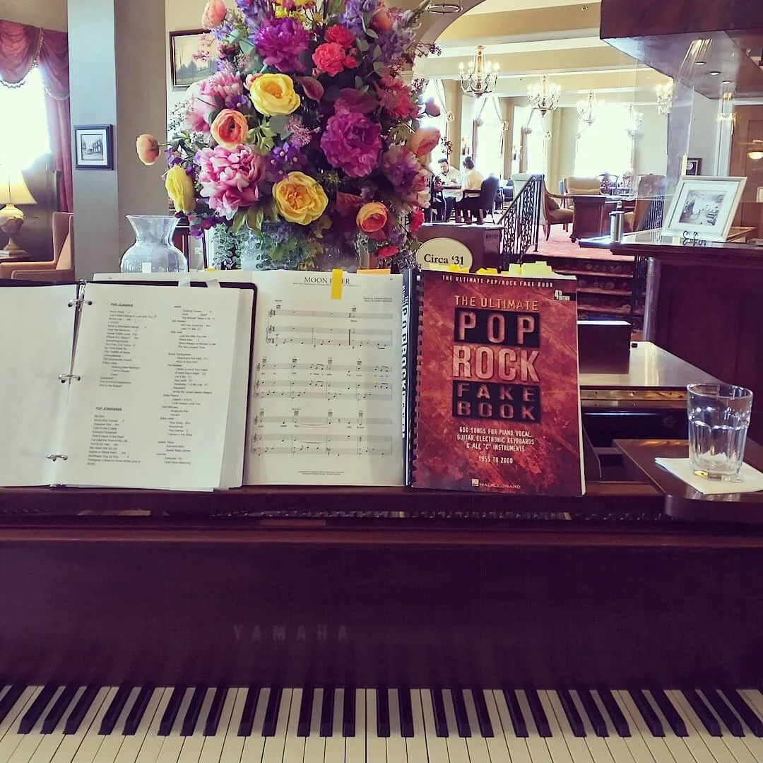 This morning's View from the Office playing for Sunday brunch. Sharing a little about my setup today. I play using a combination of set lists (tunes I know by ear), fake books (melody + chords), and traditional sheet music. I'm trying to learn new so