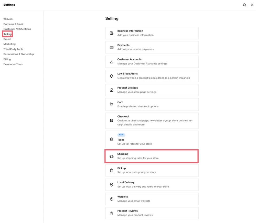 Shipping menu in Squarespace