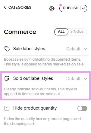 Sold out label styles menu