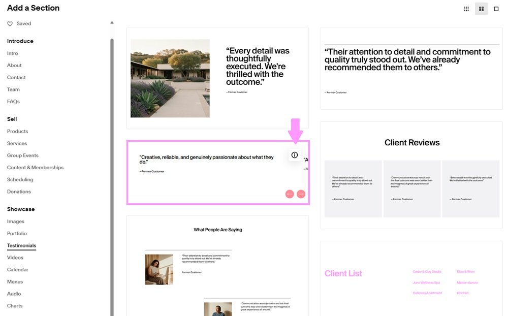 How to choose an auto layout section on Squarespace