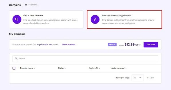 Transfer an existing domain in Hostinger