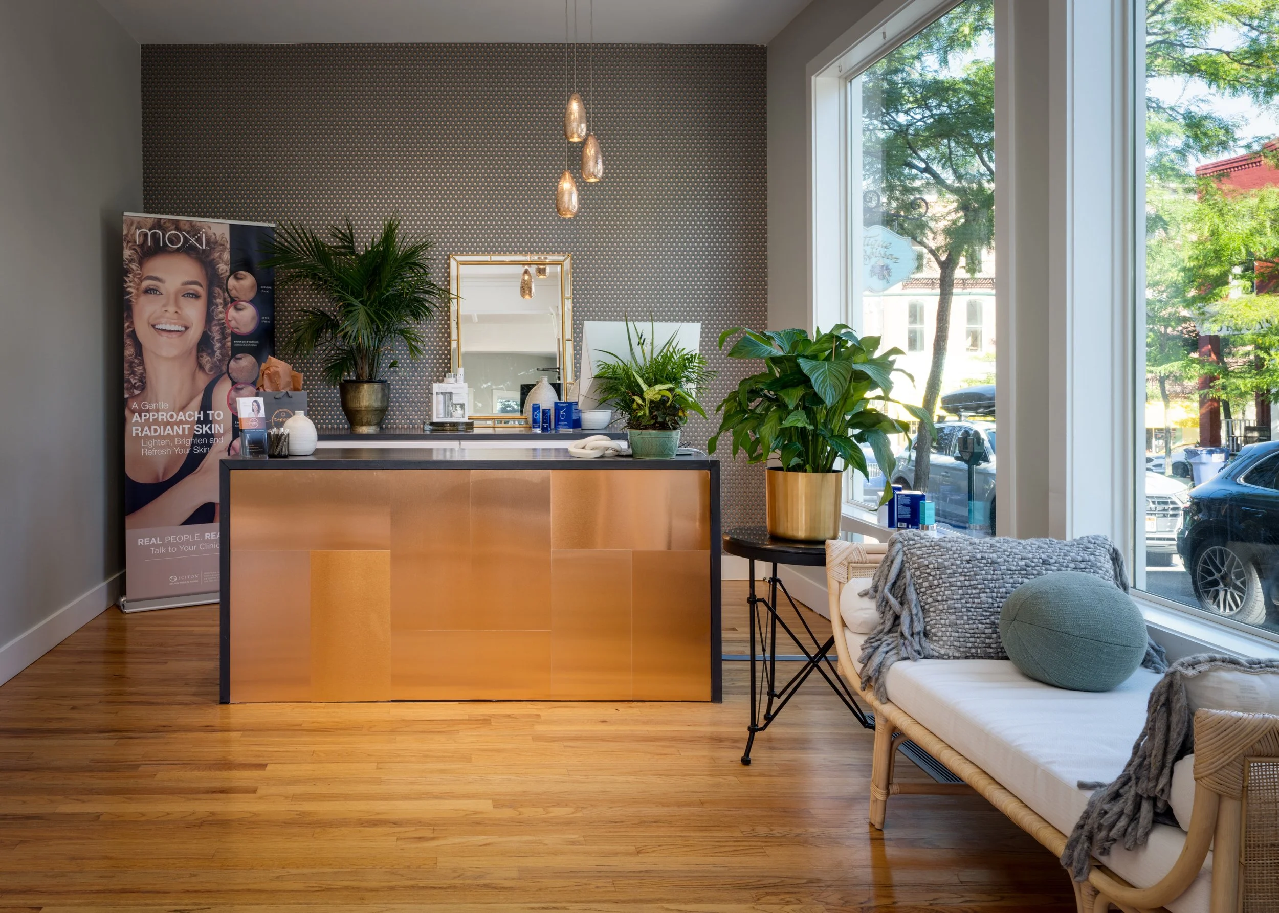 Inviting reception desk in the Copper Aesthetics spa in downtown Petoskey.