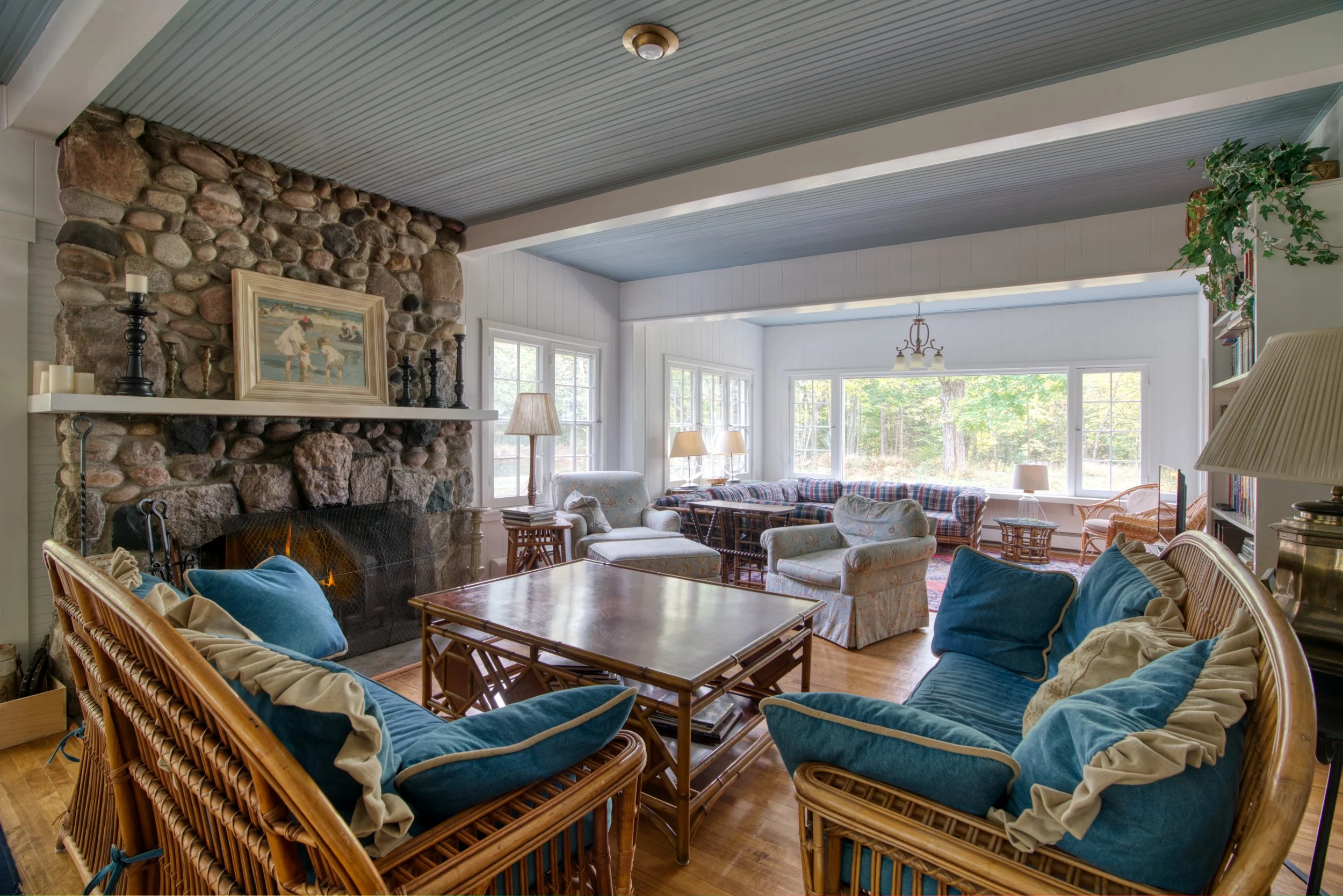 Living room and comfortable fireplace in this vacation rental on Idylwilde Dr near Harbor Springs MI.