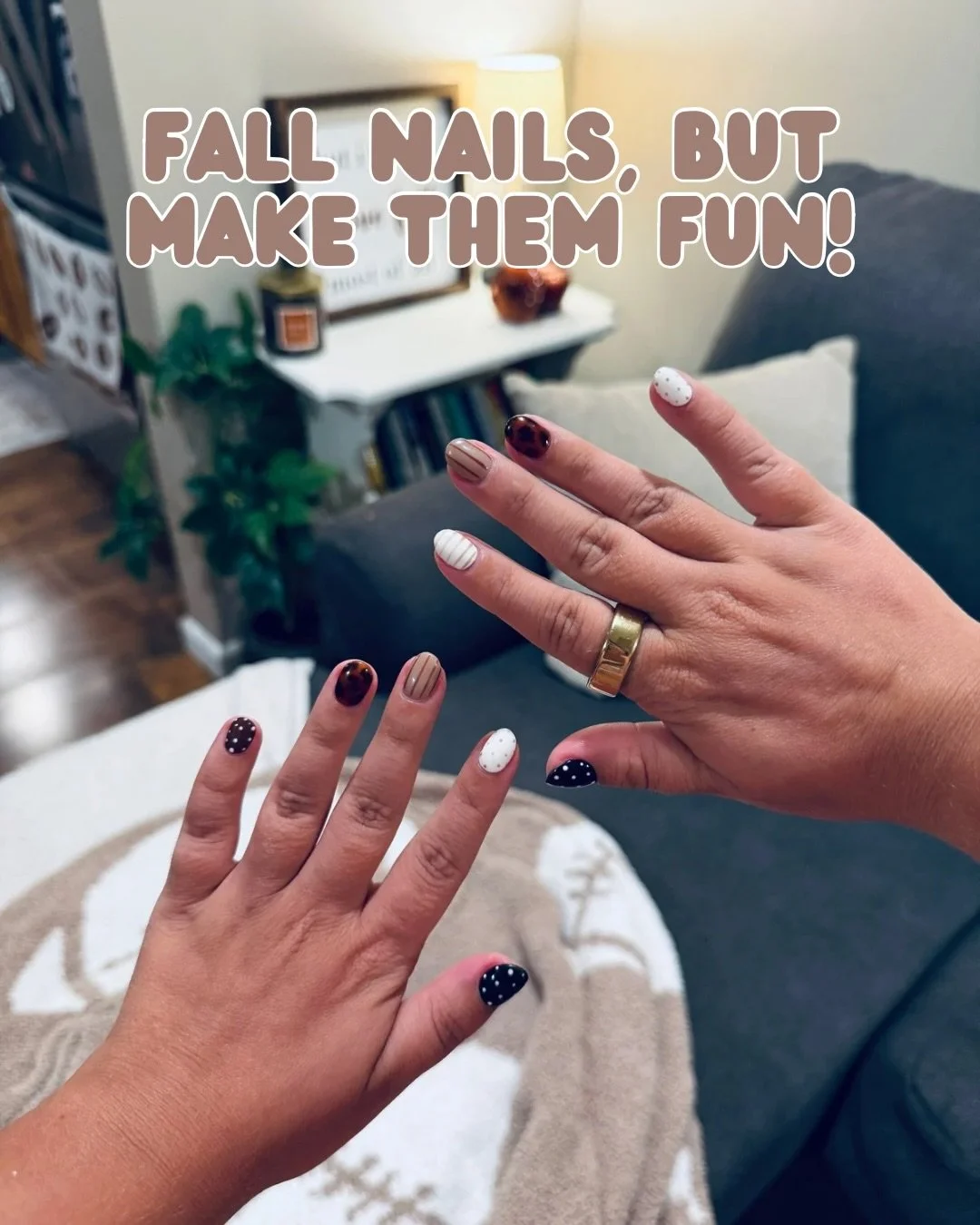 fall nails, but make them fun! 🤎🤍 loving this mix of tortoise print, stripes &amp; polka dots!

*swipe to see my inspo (we changed one of the thumbs bc I didn&rsquo;t like the b&amp;w stripes)