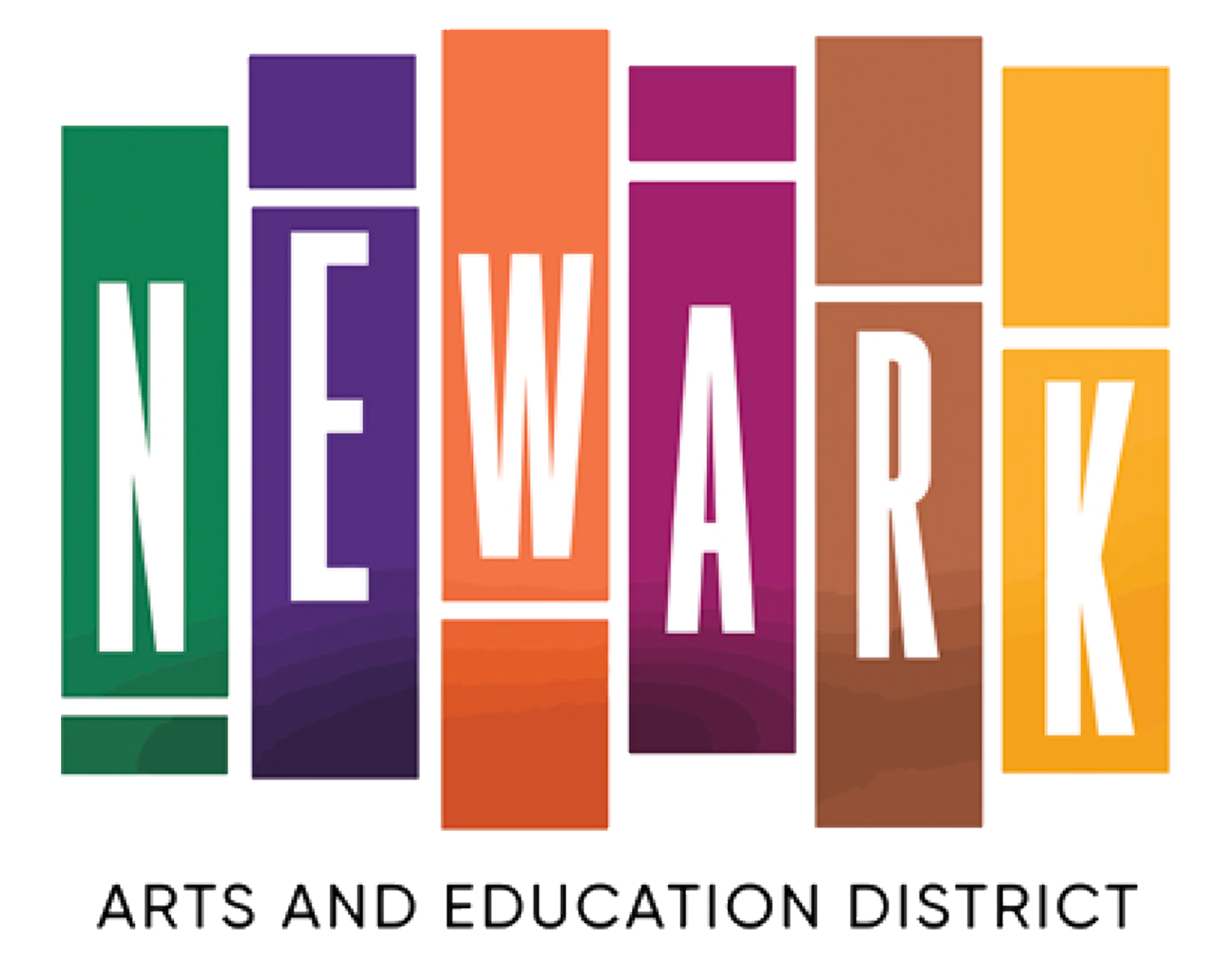 Colorful graphic design spelling 'NEWWARK' with the words 'Arts and Education District' at the bottom.