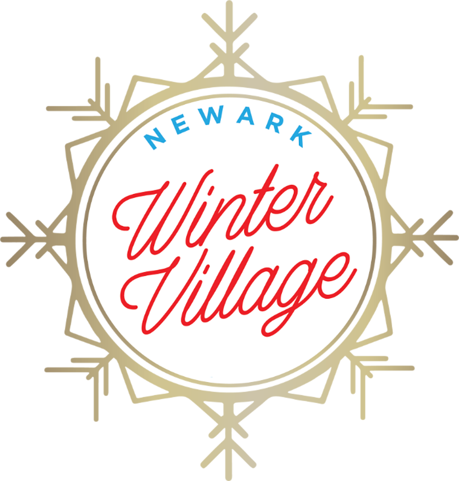 Logo for Newark Winter Village, featuring a white circle with red cursive text and blue uppercase text around the top edge.