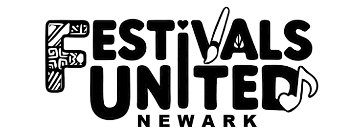 The logo reads "Festivals United Newark" with decorative letters, a music note, and a heart.