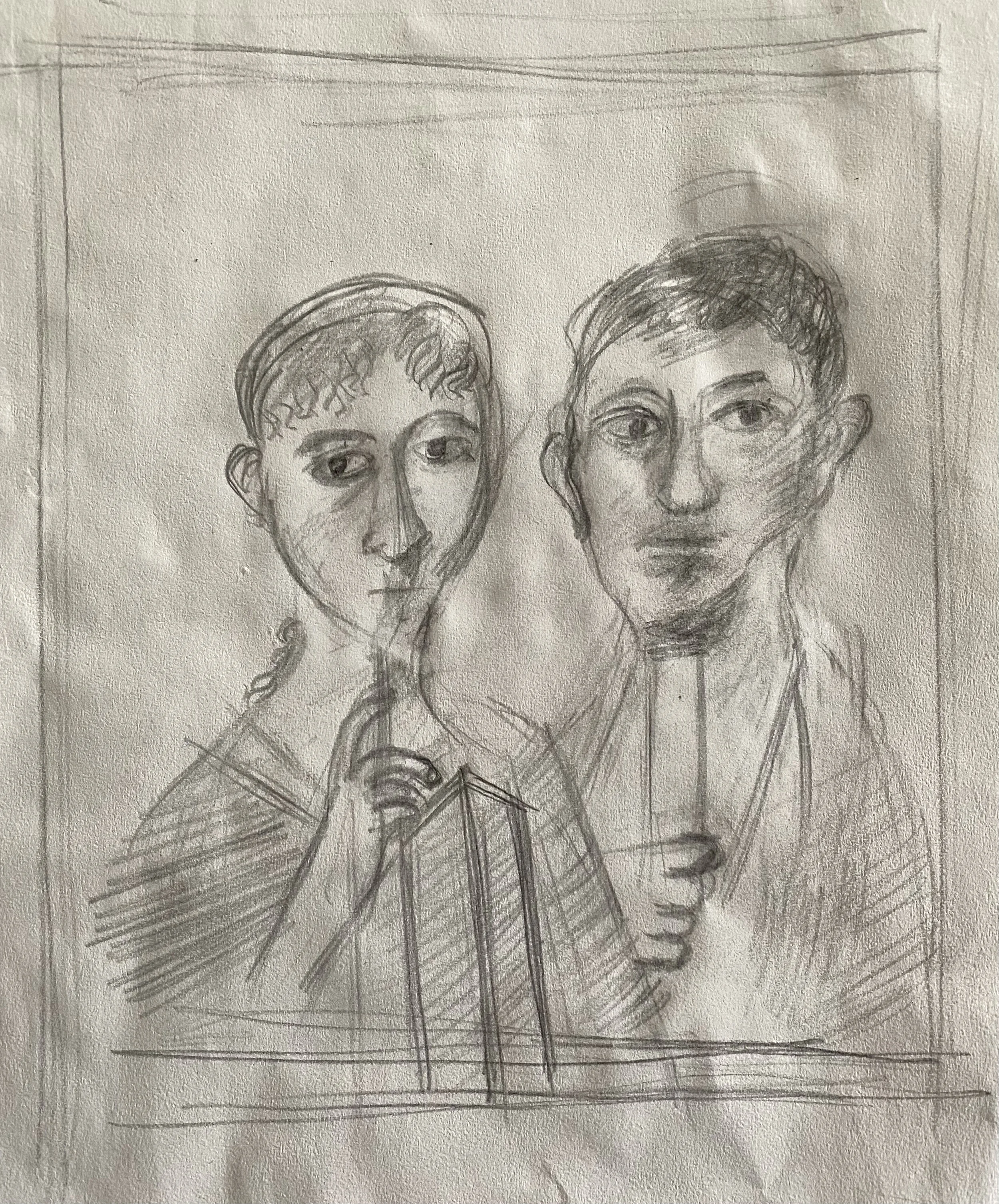 Two Heads, Pompeii Fresco copy, 2020, Pencil on paper  18 x 14 ins