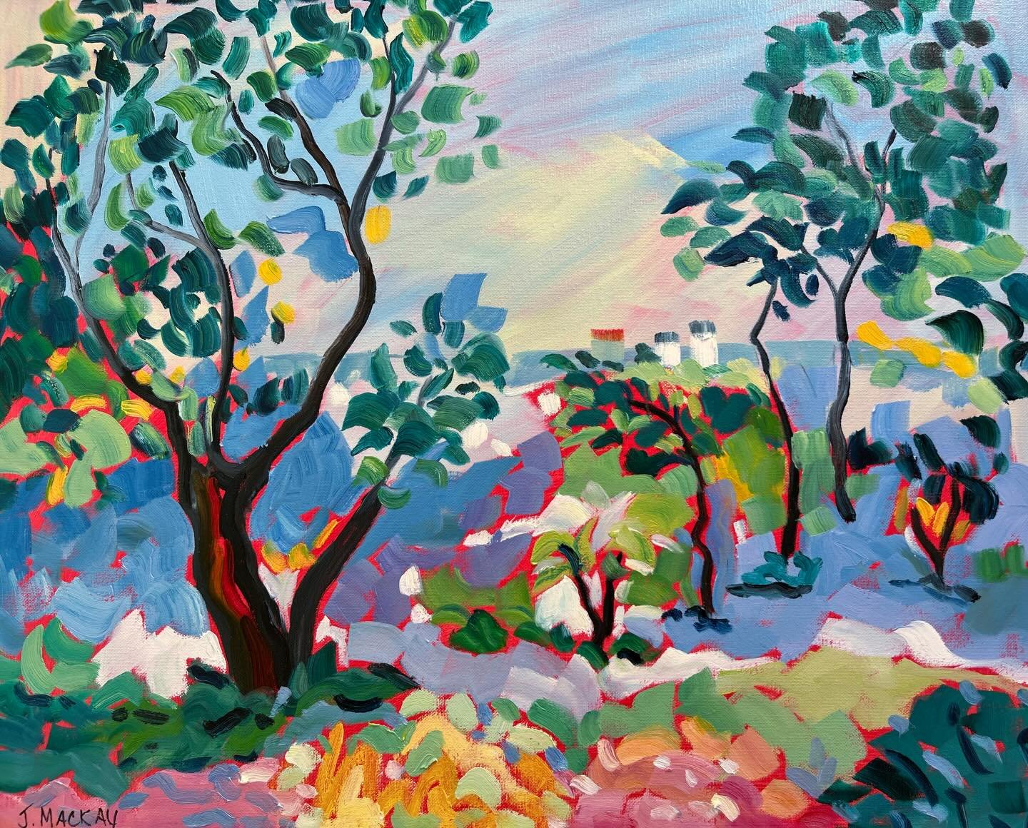 &ldquo;Happiness in the Woods&rdquo; is one of four new landscapes by @jessie.mackayart to arrive this week. I love the title as much as I love this joyful painting. Swipe through for more views, or message me to set up a time to view any of Jessie&r