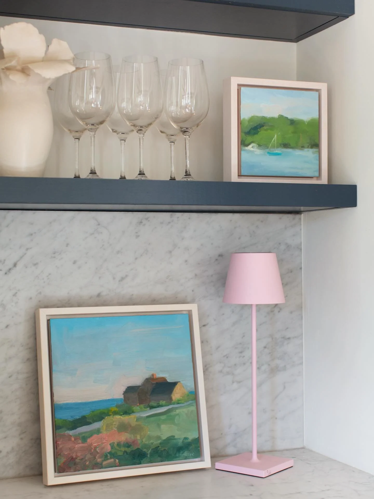 Of the seventeen paintings by @jspastoreart that we&rsquo;re delighted to have on our walls right now, fourteen are landscapes inspired by the Maine coast. Swipe through to see glimpses of many of them or message me to arrange a time to view Jeanine&