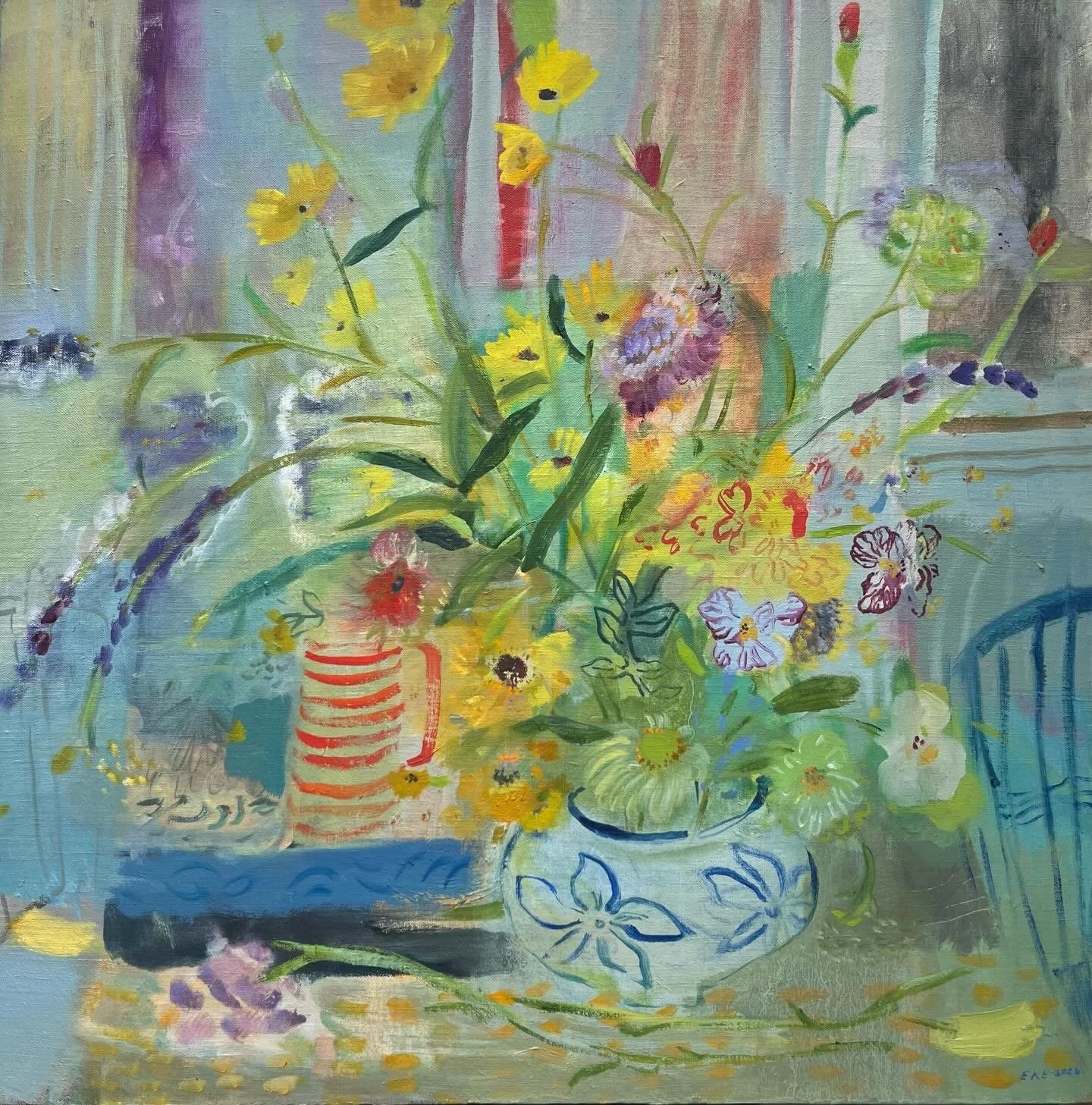 Swipe through for more views of &ldquo;Some Flowers,&rdquo; a 24in x 24in oil on linen by Elizabeth Endres. Though this painting feels alive with movement and radiant light, there is a quiet tenderness to it. We&rsquo;re so grateful to have a few new