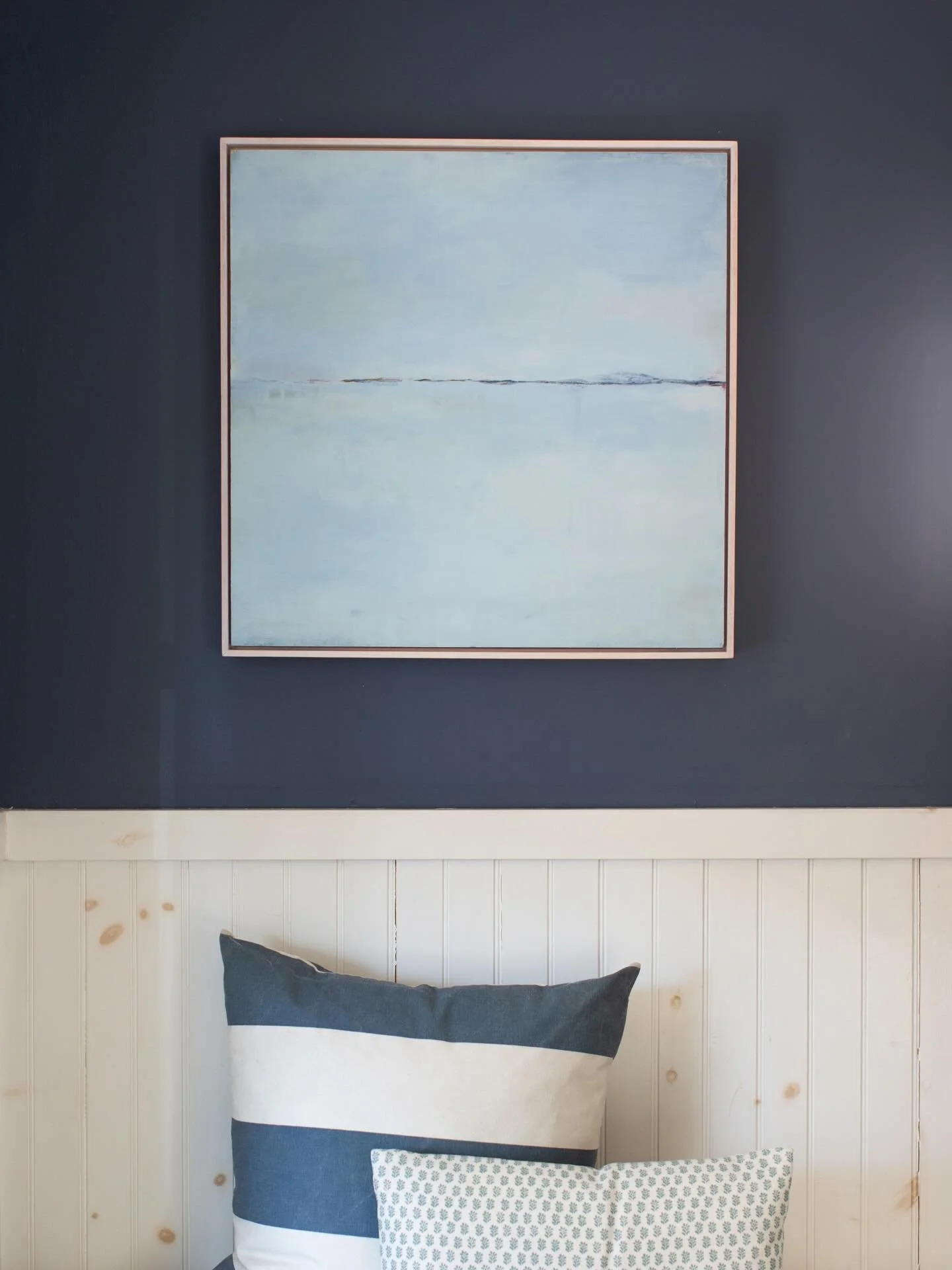 &ldquo;Whispers of the Horizon&rdquo; is a framed 24in x 24in acrylic on cradled board by @ankigelbartist. This peaceful painting often draws visitors in during their gallery appointments, as it did again yesterday, inviting a lingering pause and a m