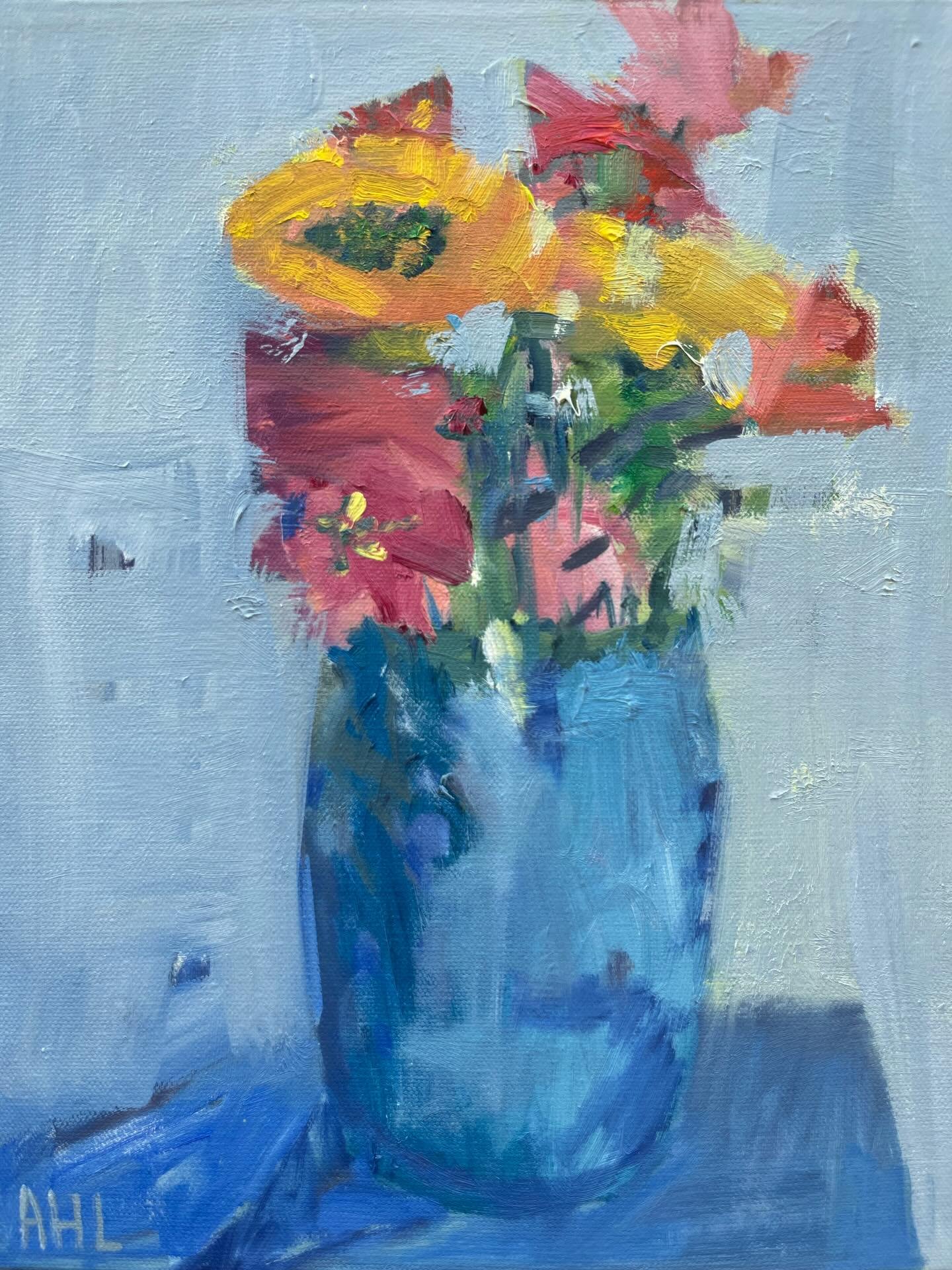 More snow in the forecast tomorrow means I&rsquo;ll be surrounding myself with bright floral paintings like this one by @arianeluckey, dreaming of all things spring. 

&ldquo;Zinnias in Blue Vase&rdquo; is a 14in x 11in oil on canvas by Ariane Luckey