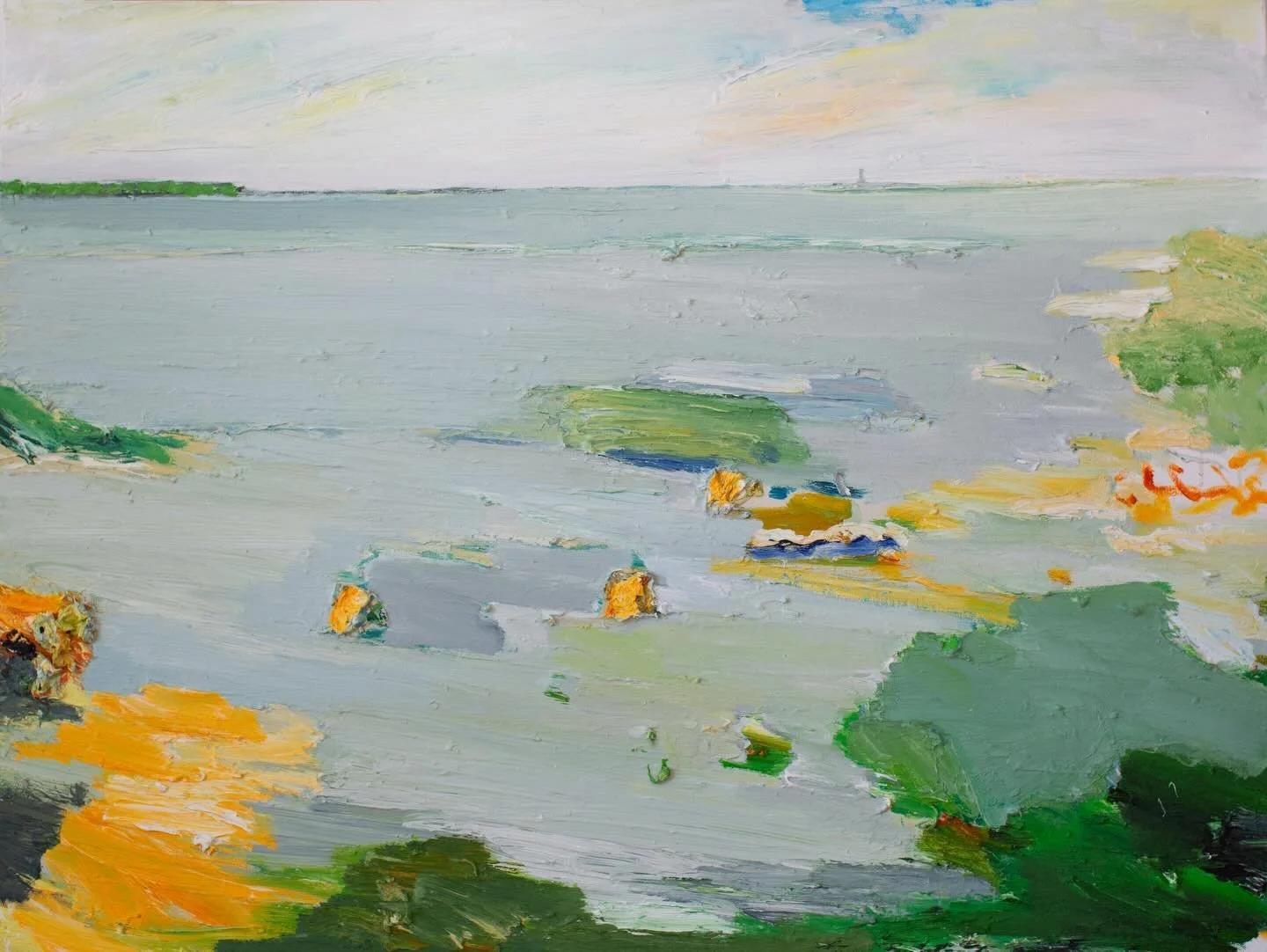 @johnjayvinton&rsquo;s &ldquo;Powder Point III&rdquo; is a 30in x 40in oil and acrylic on canvas. The quality of light in this painting has a particularly uplifting feel to it. This is one of nine paintings by John we are happy to have on our walls i
