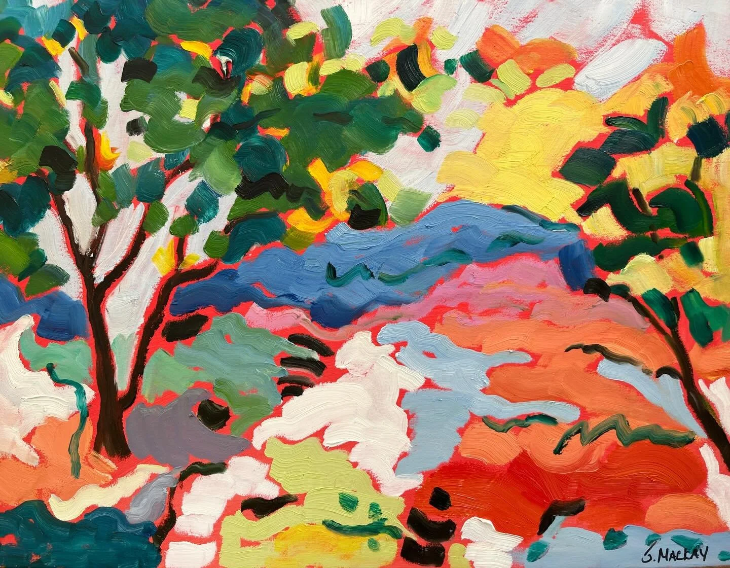 Swipe through for more views of @jessie.mackayart&rsquo;s &ldquo;Abstract Landscape,&rdquo; a framed 16in x 20in oil on canvas. This painting is one of five bright and uplifting works by Jessie we are grateful to have here in Maine. Shop them all on 