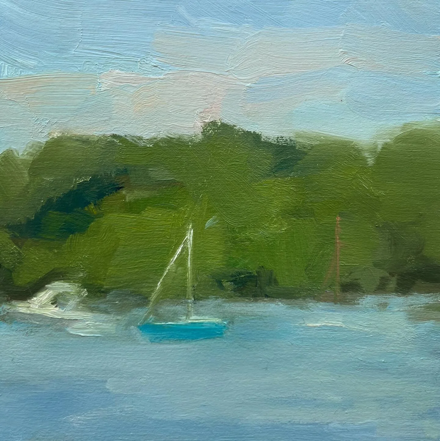 Swipe through for more photos of @jspastoreart&rsquo;s &ldquo;Waiting to Sail,&rdquo; a framed 6in x 6in oil on panel. This sweet landscape is one of seventeen paintings of Jeanine&rsquo;s that we are happy to have on our walls in Maine. Message me t