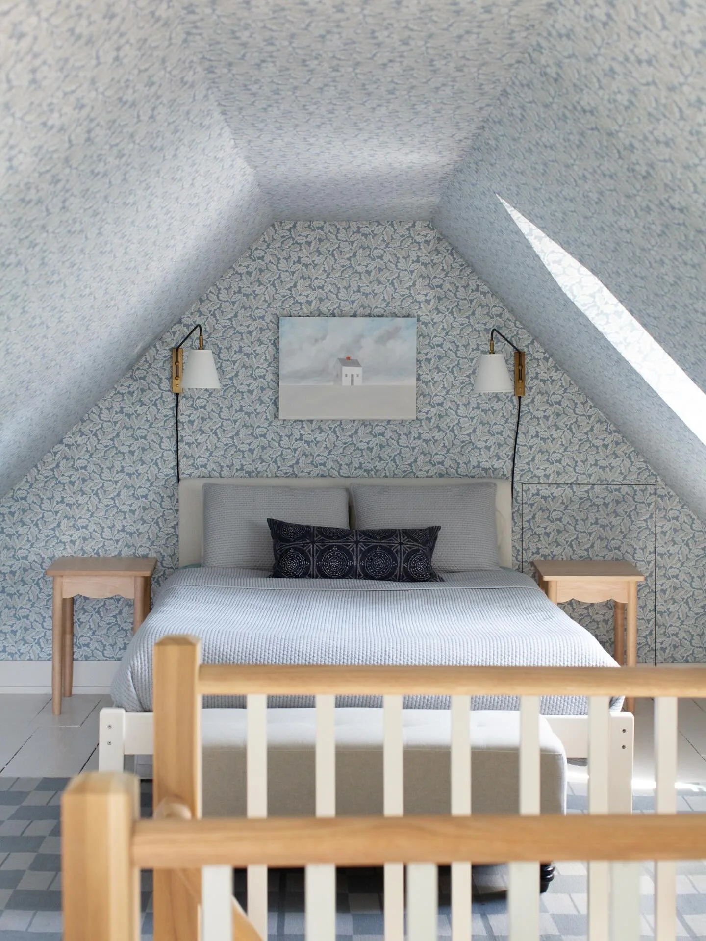 A view of @adampeckstudio&rsquo;s 18in x 24in &ldquo;Smoke House&rdquo; against our beloved @studiocathynordstrom wallpaper. Swipe for a closer view of this painting, and shop all seven of Adam&rsquo;s works on our website.