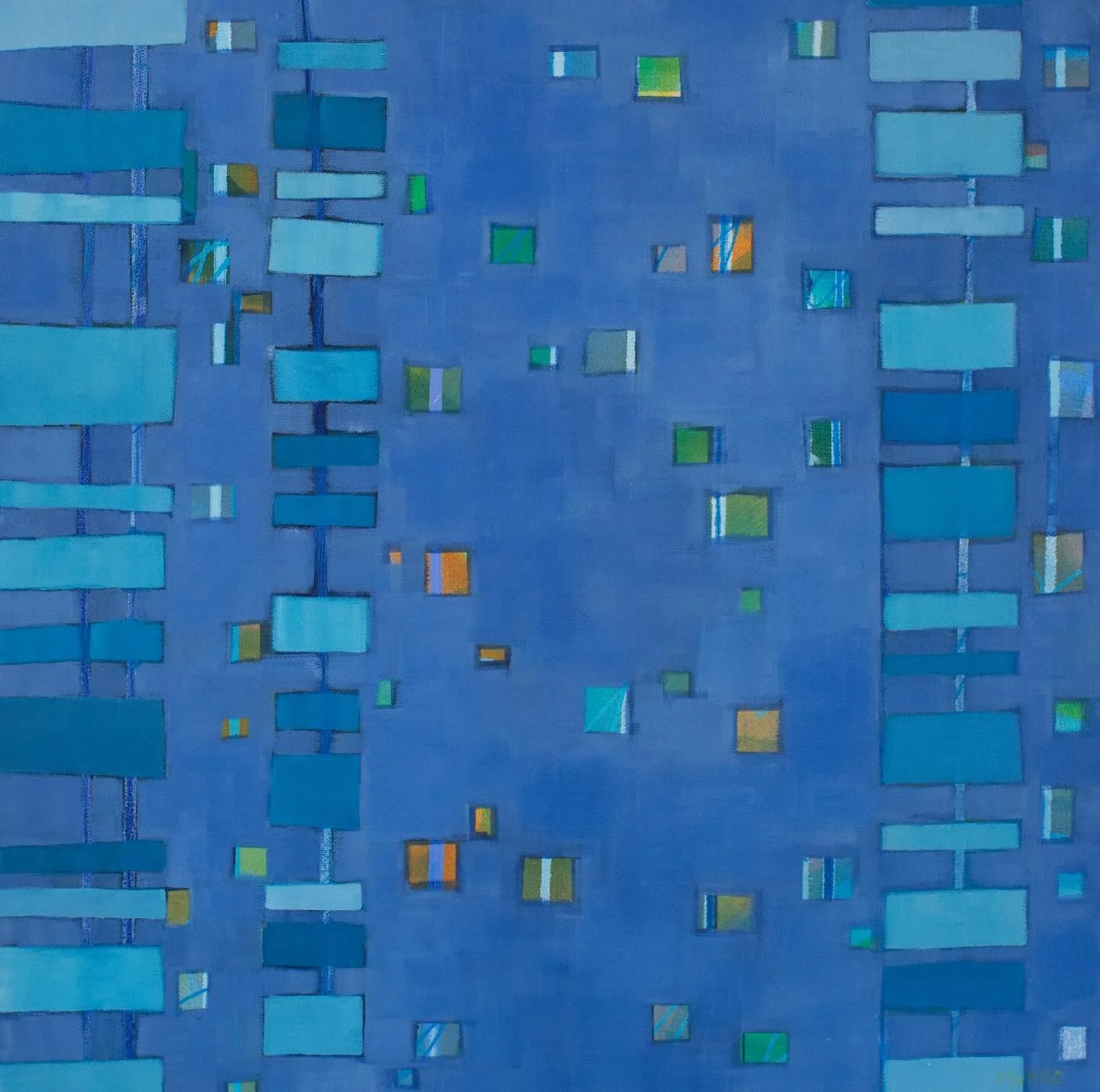 Swipe through for more views of @bethmunroart&rsquo;s &ldquo;French Blue Grid,&rdquo; a 24in x 24in acrylic on canvas. We love sharing Beth&rsquo;s grids with visitors to the gallery - it&rsquo;s always enjoyable to hear what comes to mind when peopl