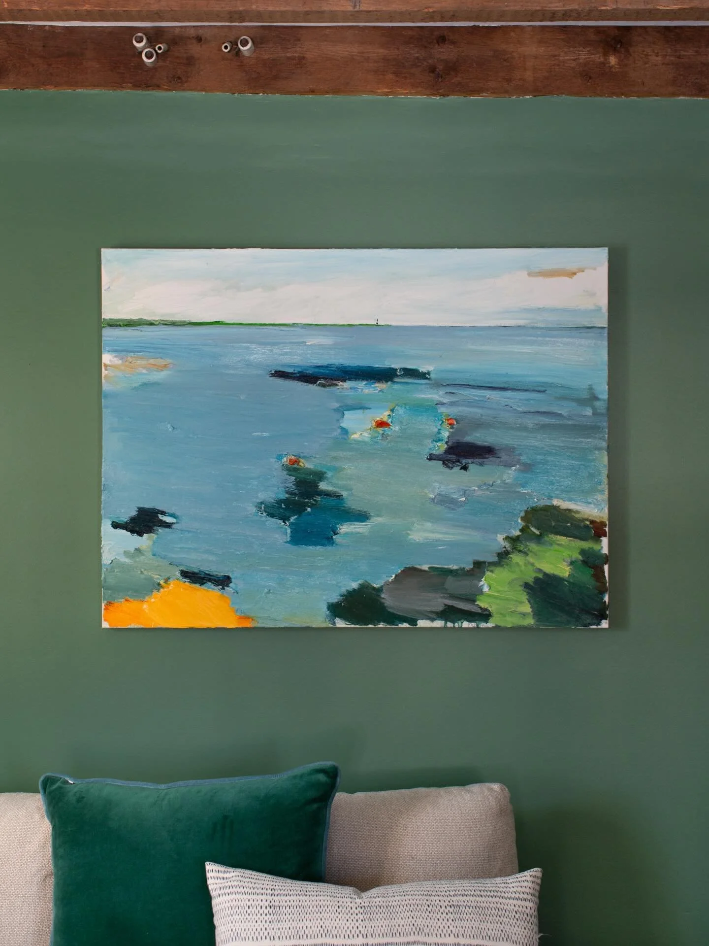 Swipe through for more views of @johnjayvinton&rsquo;s &ldquo;Powder Point VII,&rdquo; a 30in x 40in oil + acrylic on canvas. This painting is one of nine abstracted landscapes by John that we&rsquo;re grateful to have on our walls here in Maine. Mes